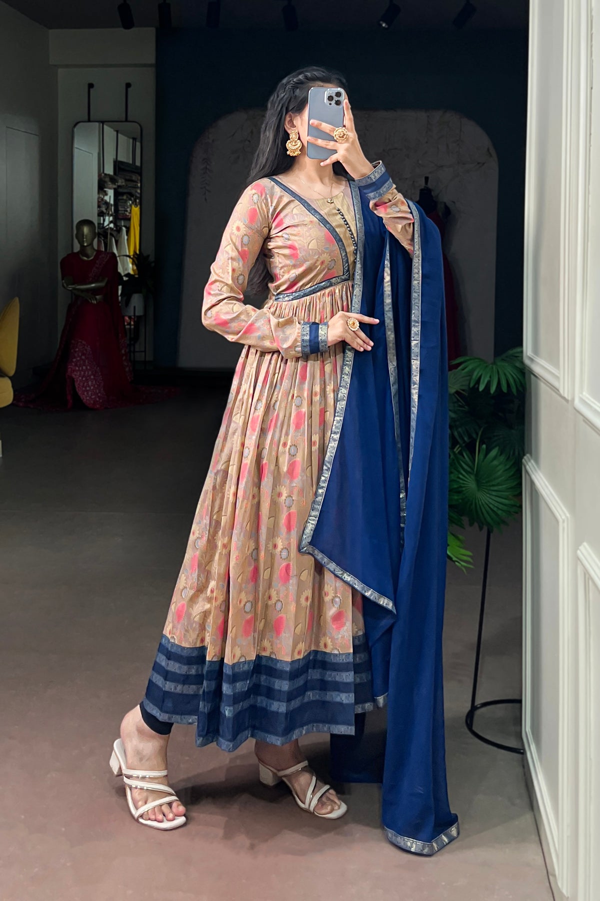 Tasar Silk Floral Print Anarkali Dress with Foil Work & Georgette Lace Border Dupatta