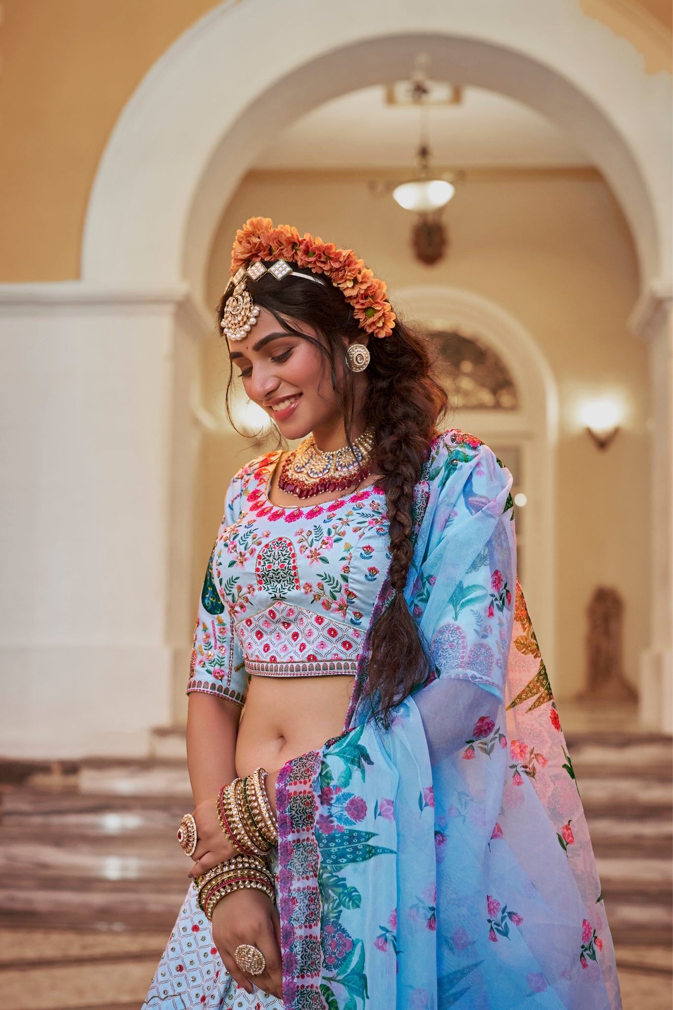 Elegant Powder Blue Art Silk Heritage Lehenga Set