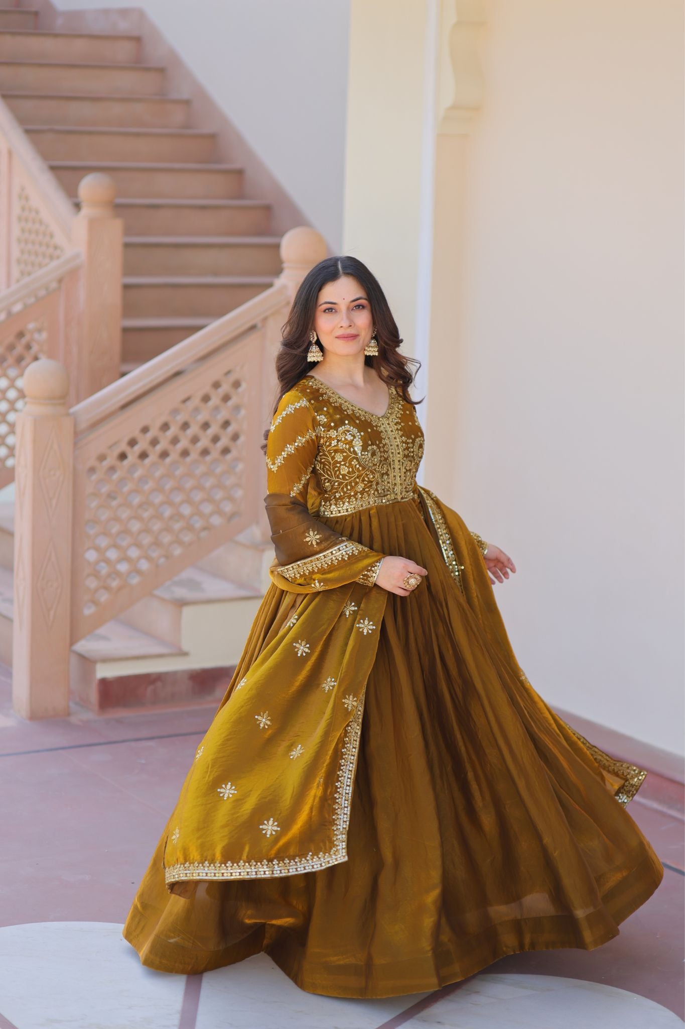 Designer Sequins Multi Embroidered Work Women Gown With Dupatta