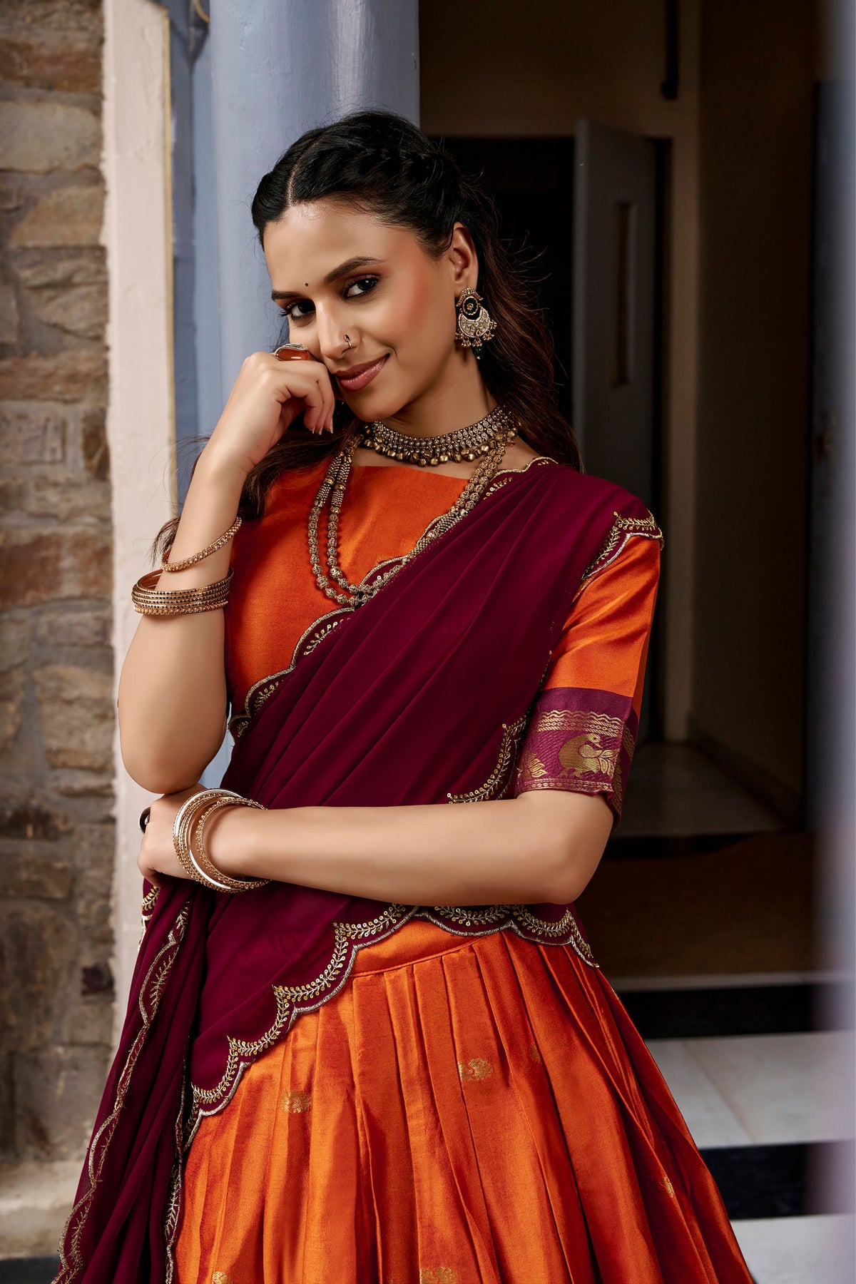 Buy South Indian Cotton Silk Lehenga Choli With Zari Woven Border