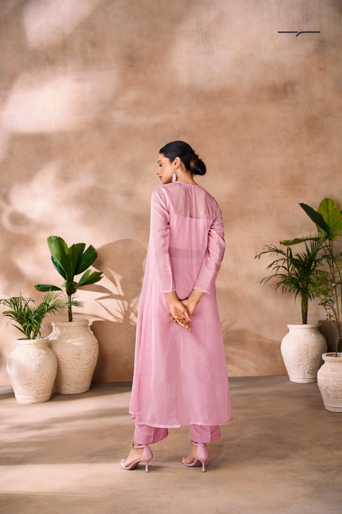 Baby Pink Premium Organza Co Ord Set With Handcrafted Floral Embellishments