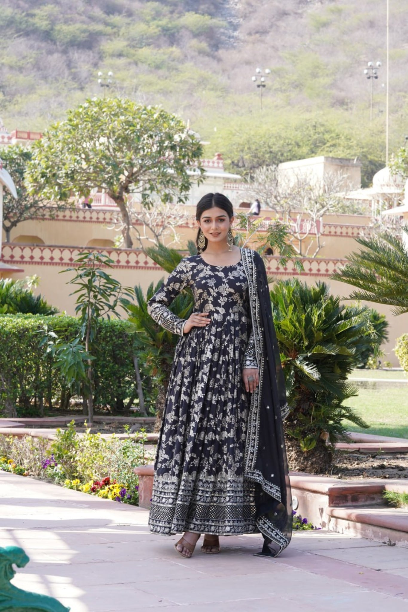 Jacquard With Sequins Embroidered Work Gown & Dupatta Set