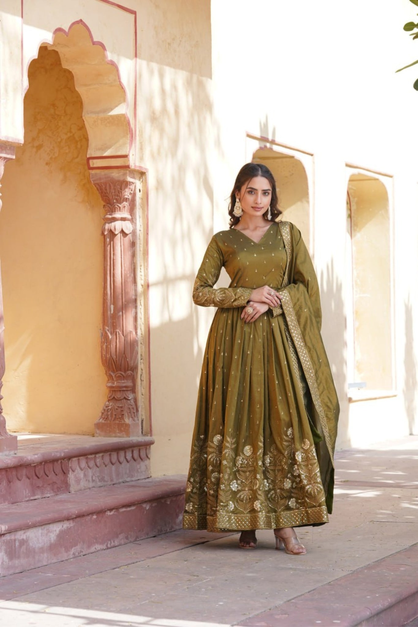 Viscose Embroidery Zari Sequins Work Gown With Dupatta Set