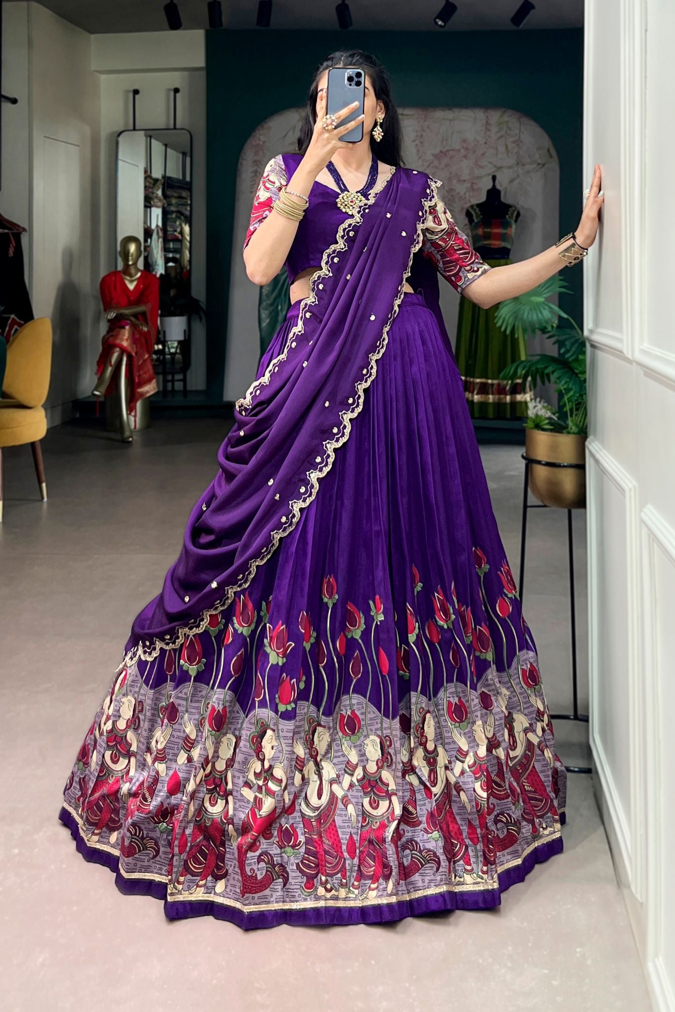 Designer Tasar Silk Kalamkari Print Wedding And Festive Lehenga Choli