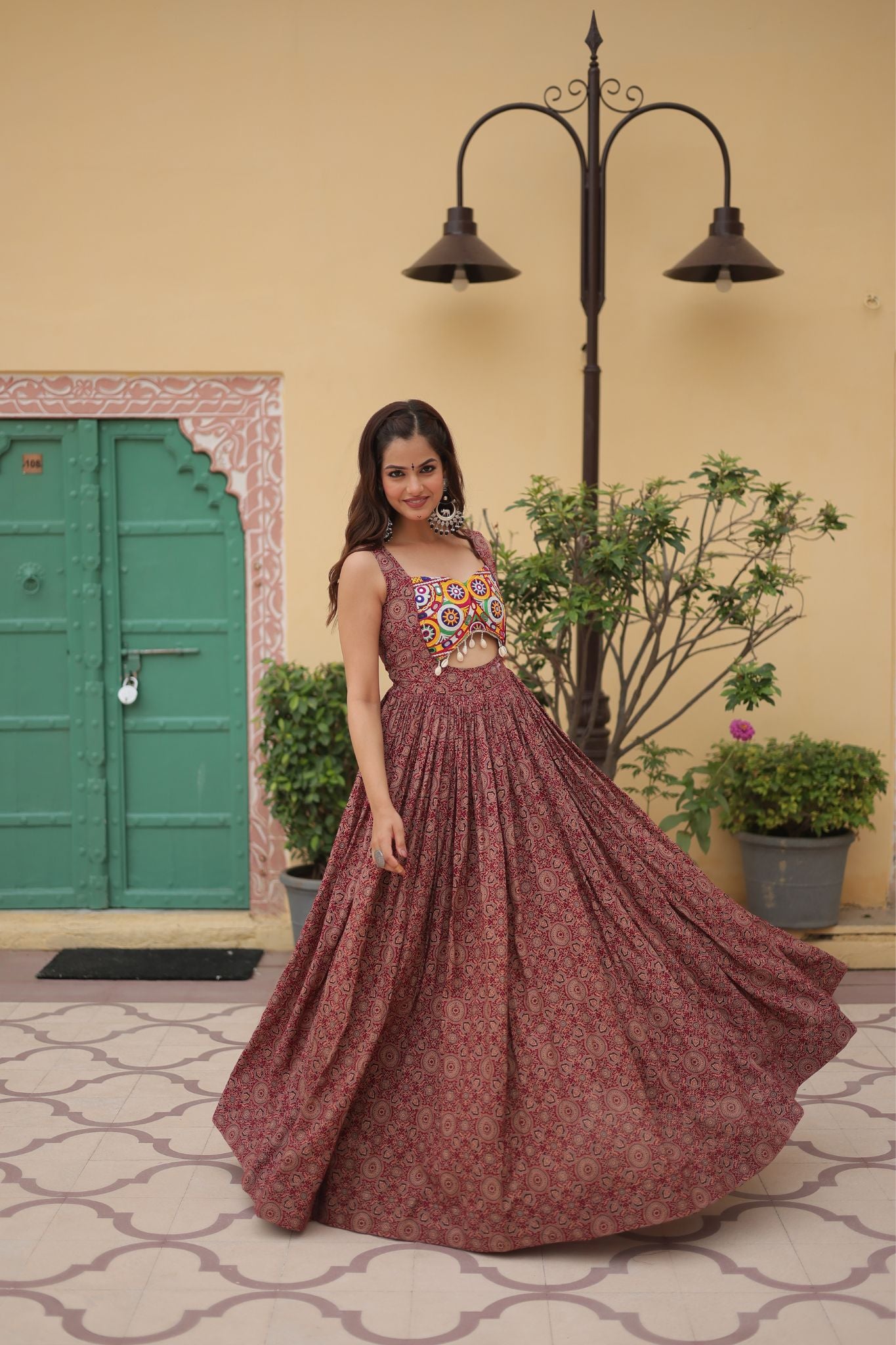 Stylish Printed Cotton Gamthi Work Navratri Gown