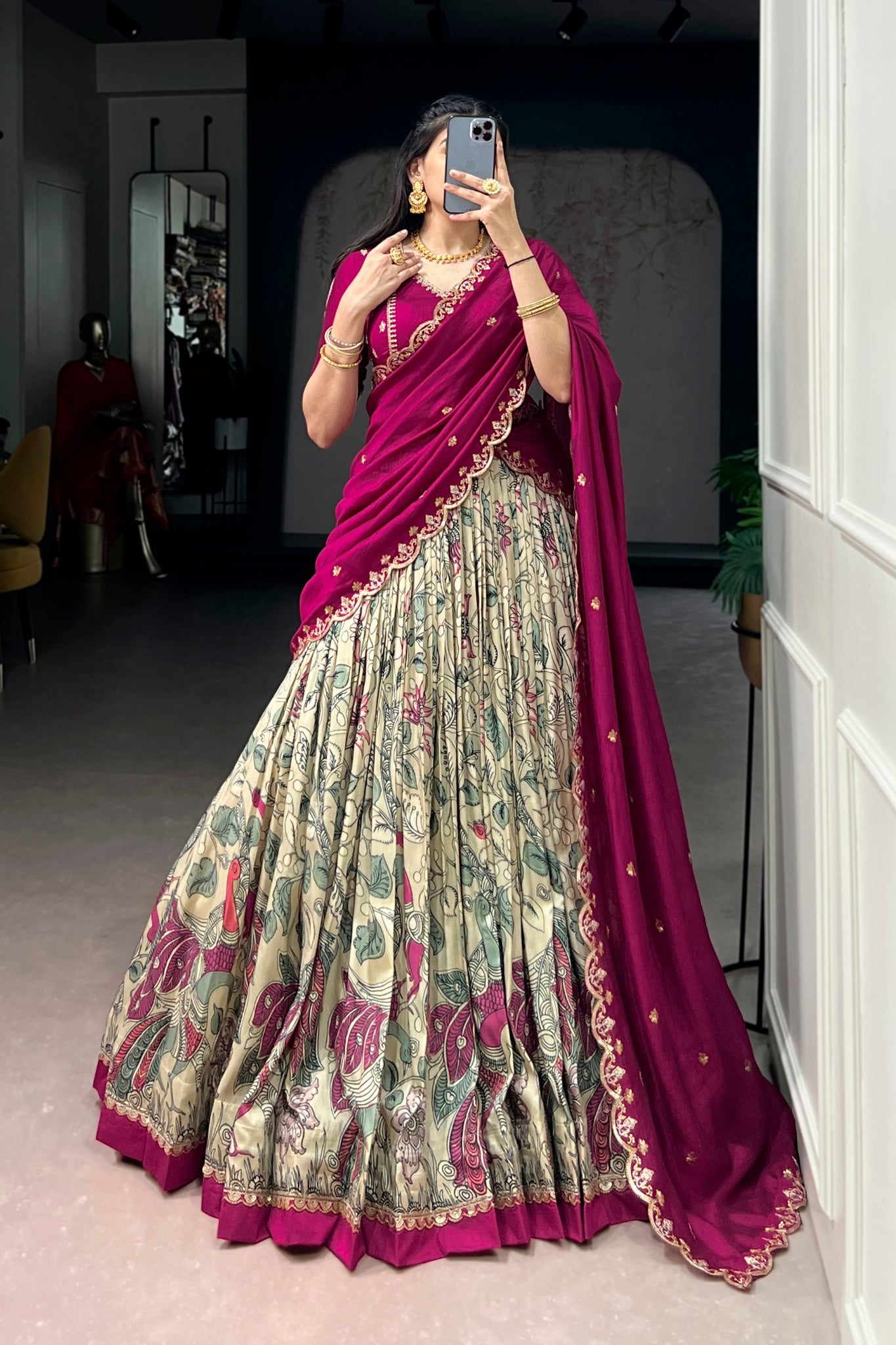Premium Kalamkari Tasar Silk Lehenga Choli With Embroidered Dupatta