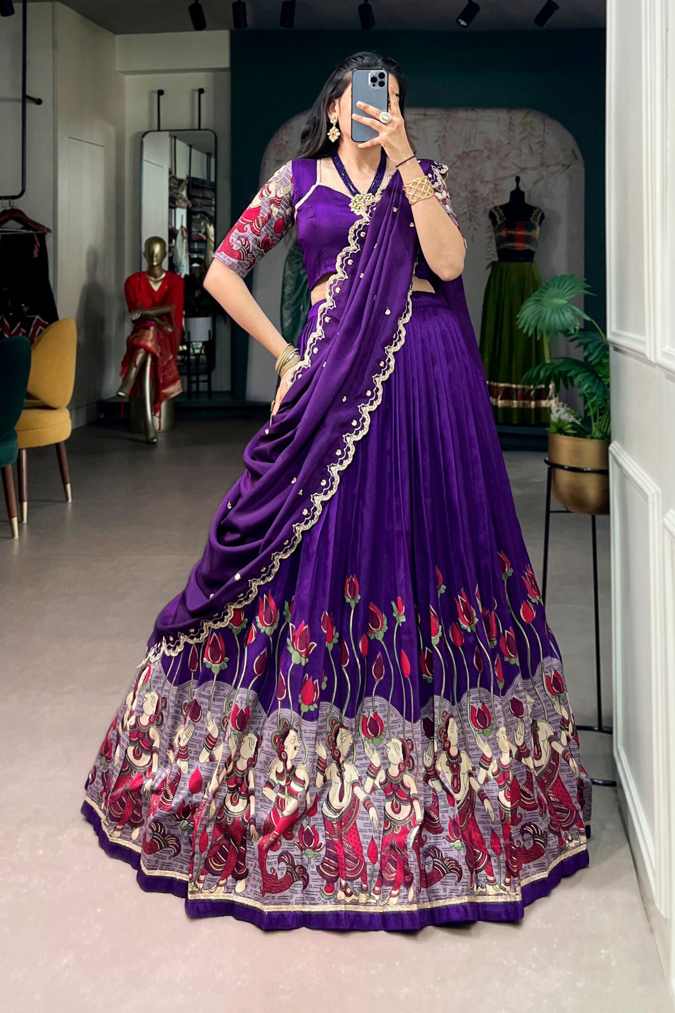 Designer Tasar Silk Kalamkari Print Wedding And Festive Lehenga Choli