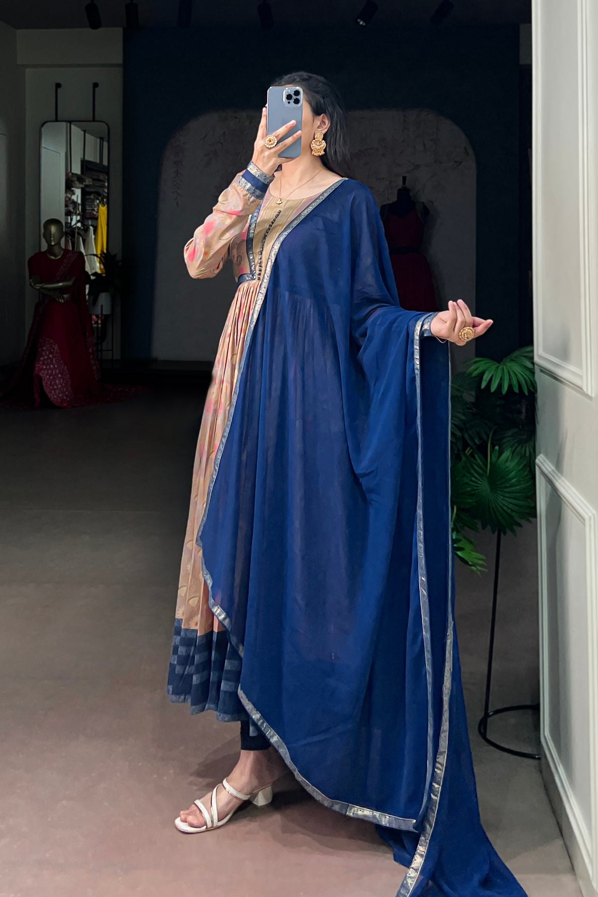 Tasar Silk Floral Print Anarkali Dress with Foil Work & Georgette Lace Border Dupatta
