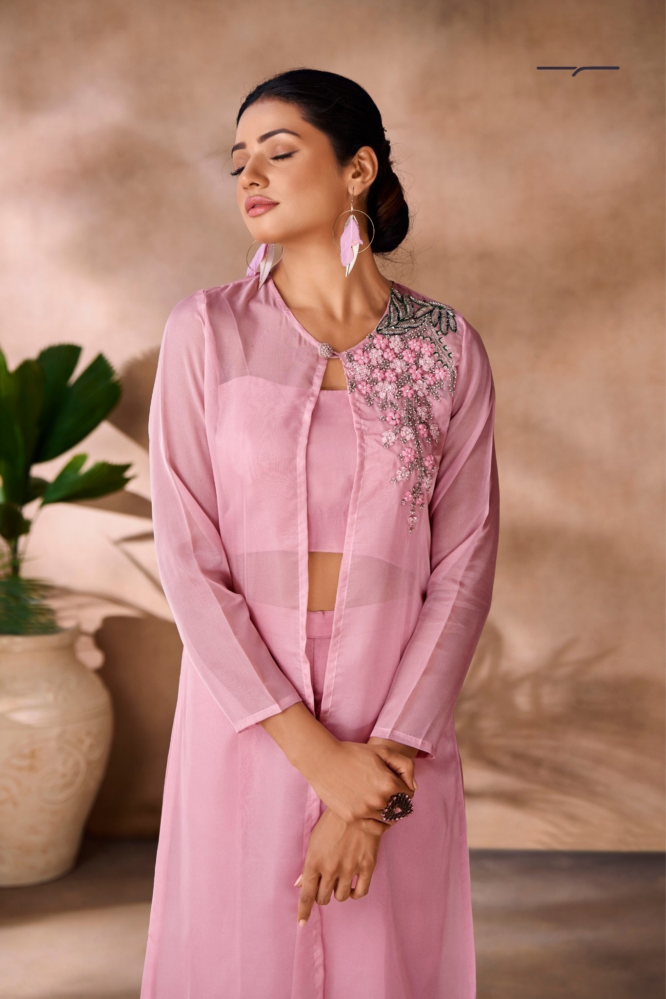 Baby Pink Premium Organza Co Ord Set With Handcrafted Floral Embellishments