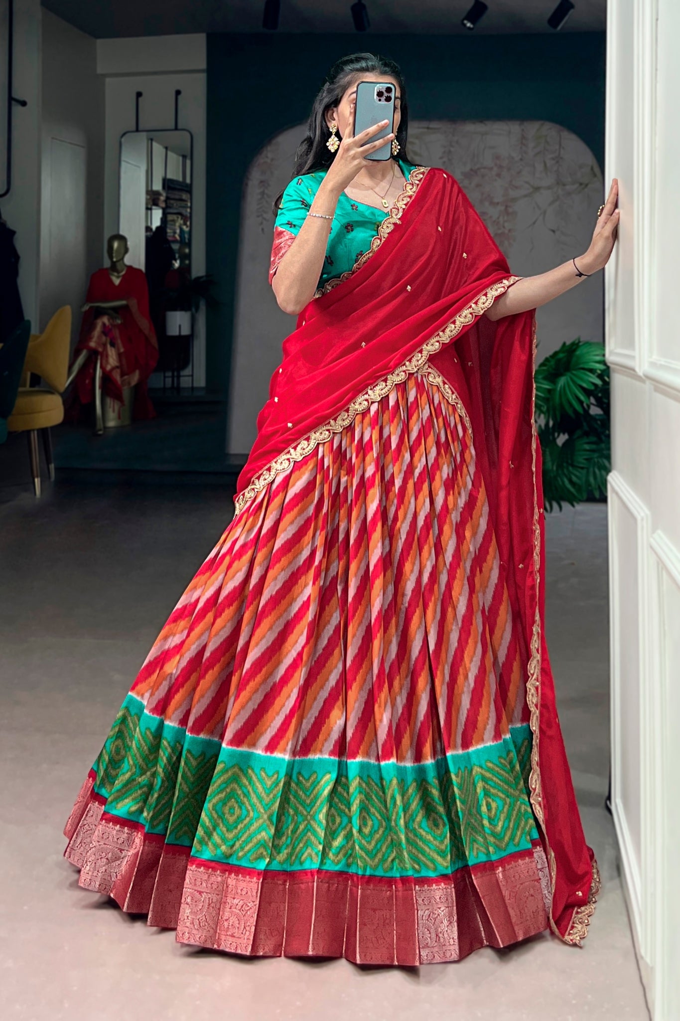 Designer Tasar Silk Leheriya Print Lehenga Choli