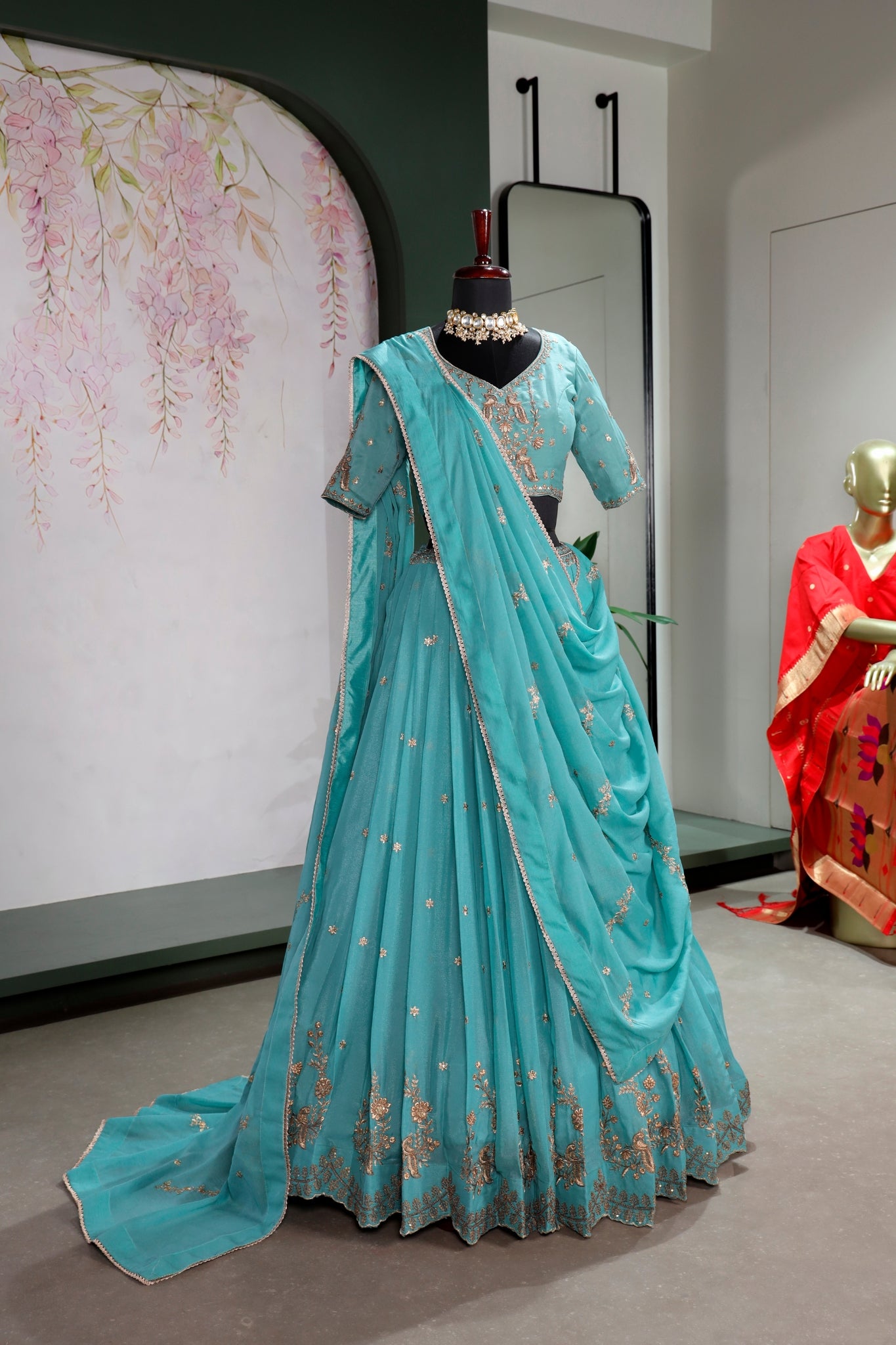 Premium Sky Blue Star Georgette Lehenga Choli Set For Women