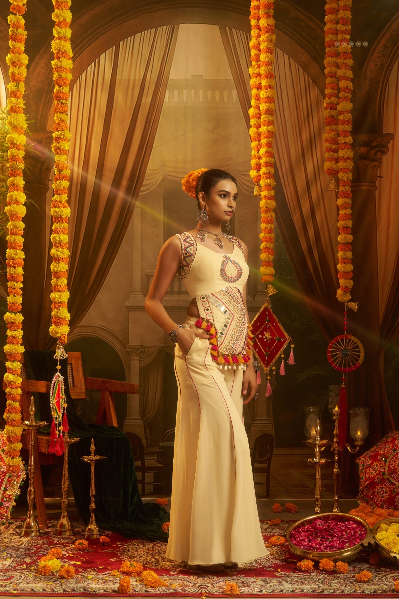 Cream Georgette Designer Festive Set With Thread, Mirror And Shell Handwork