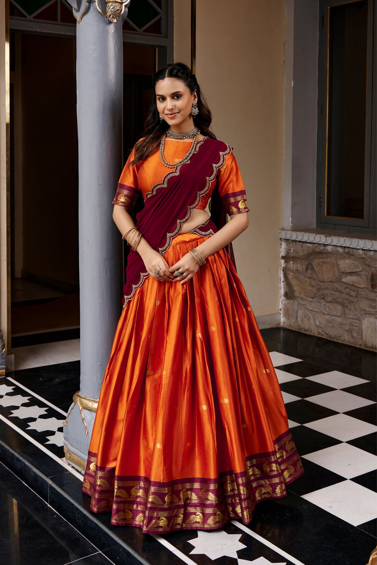 Buy South Indian Cotton Silk Lehenga Choli With Zari Woven Border