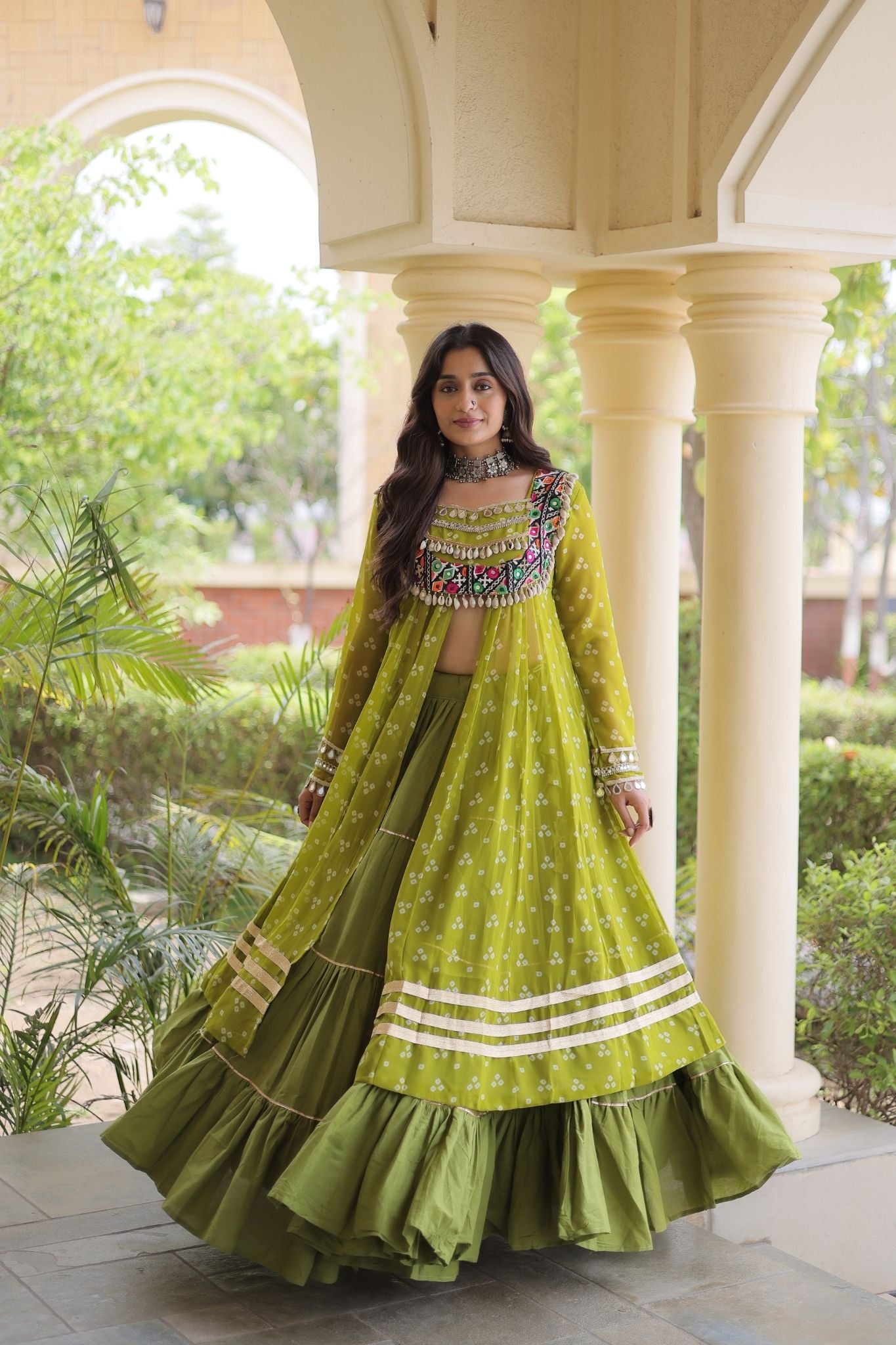 Raasrang Special Navratri Designer Kora Cotton Bandhani Print with Kutchi Patchwork Lehenga Choli