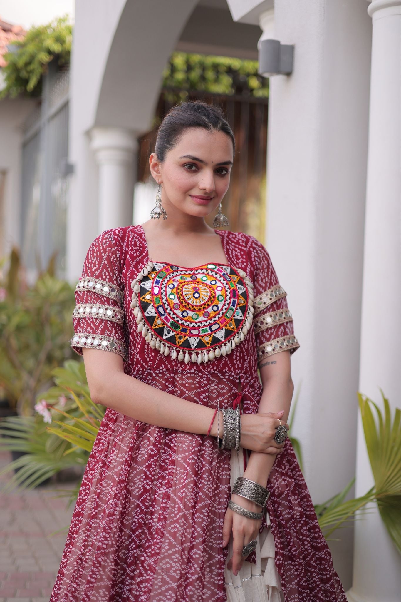Raasrang Navratri Designer Kora Cotton Lehenga With Kutchi Patchwork Bandhani Print Kurti For Garba & Dandiya