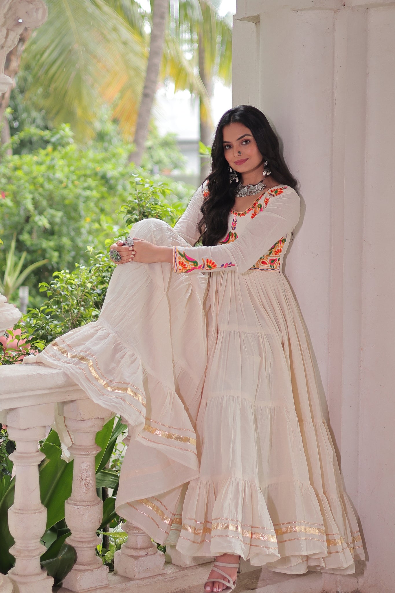Off White Navratri Designer Multi Thread Embroidered With Gota Patti Work Cotton Gown