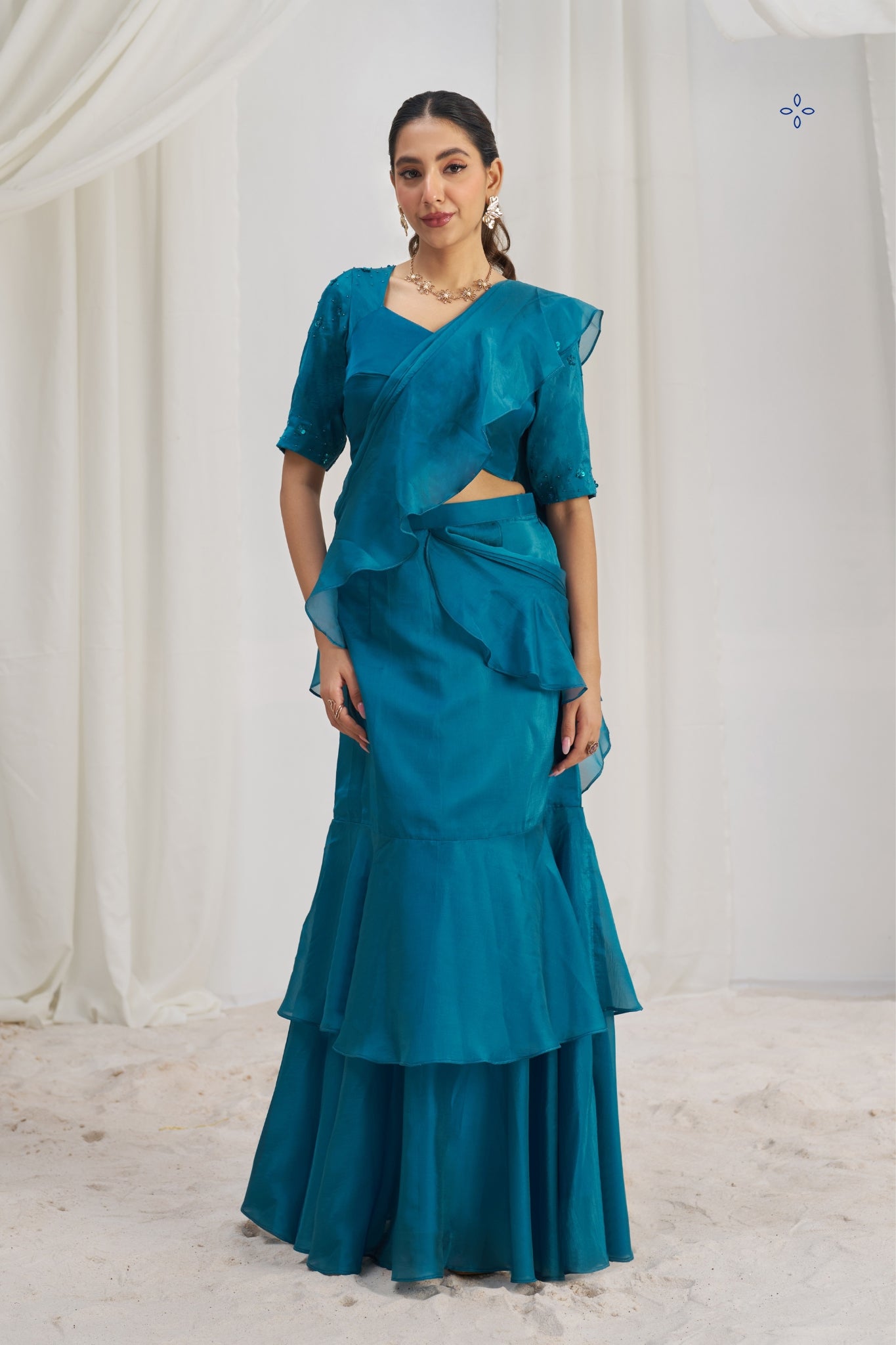 Teel Blue Organza Ruffle Saree Set