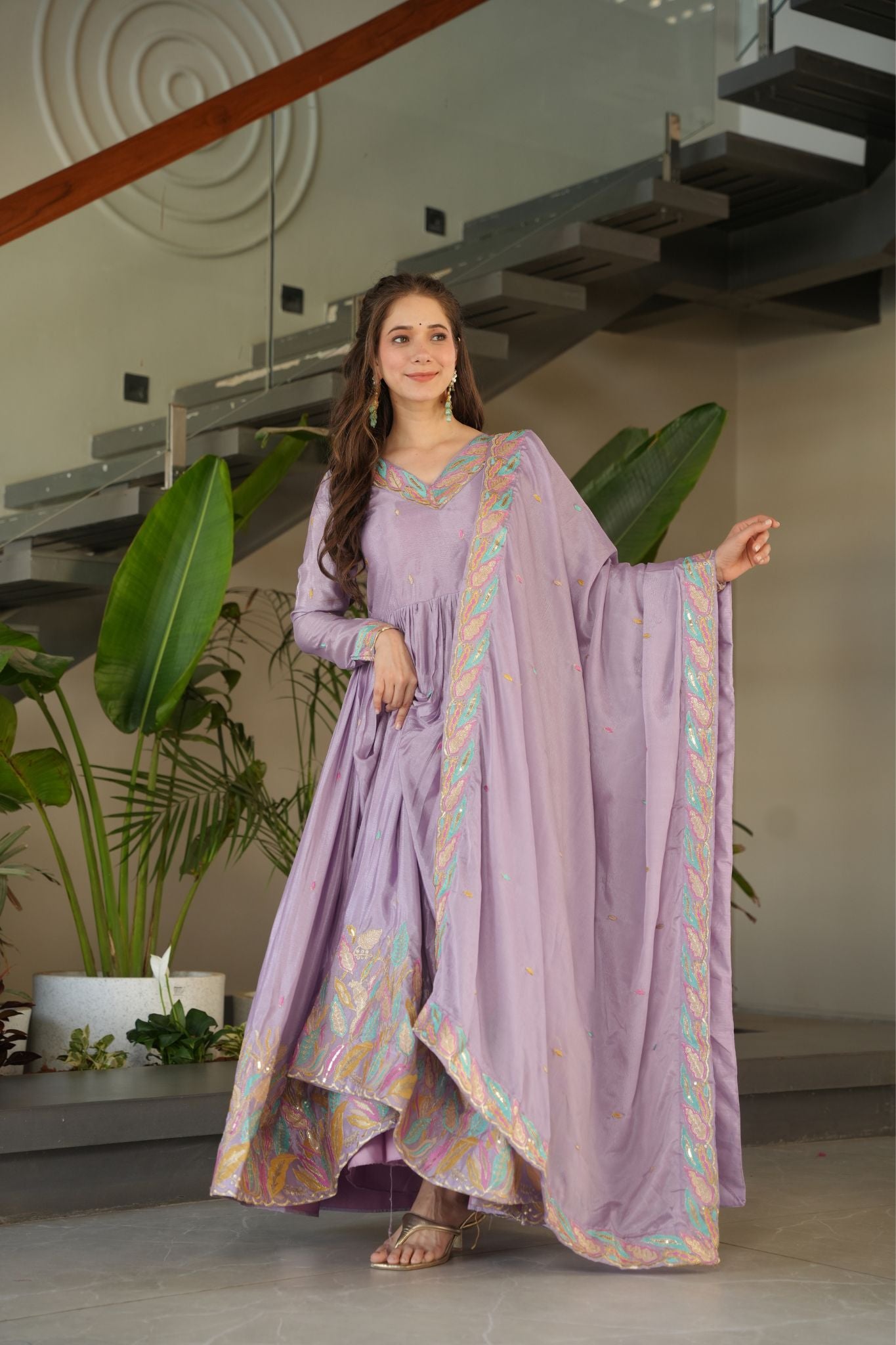 Premium Multi Thread Embroidered Work Stylish Gown With Dupatta Set