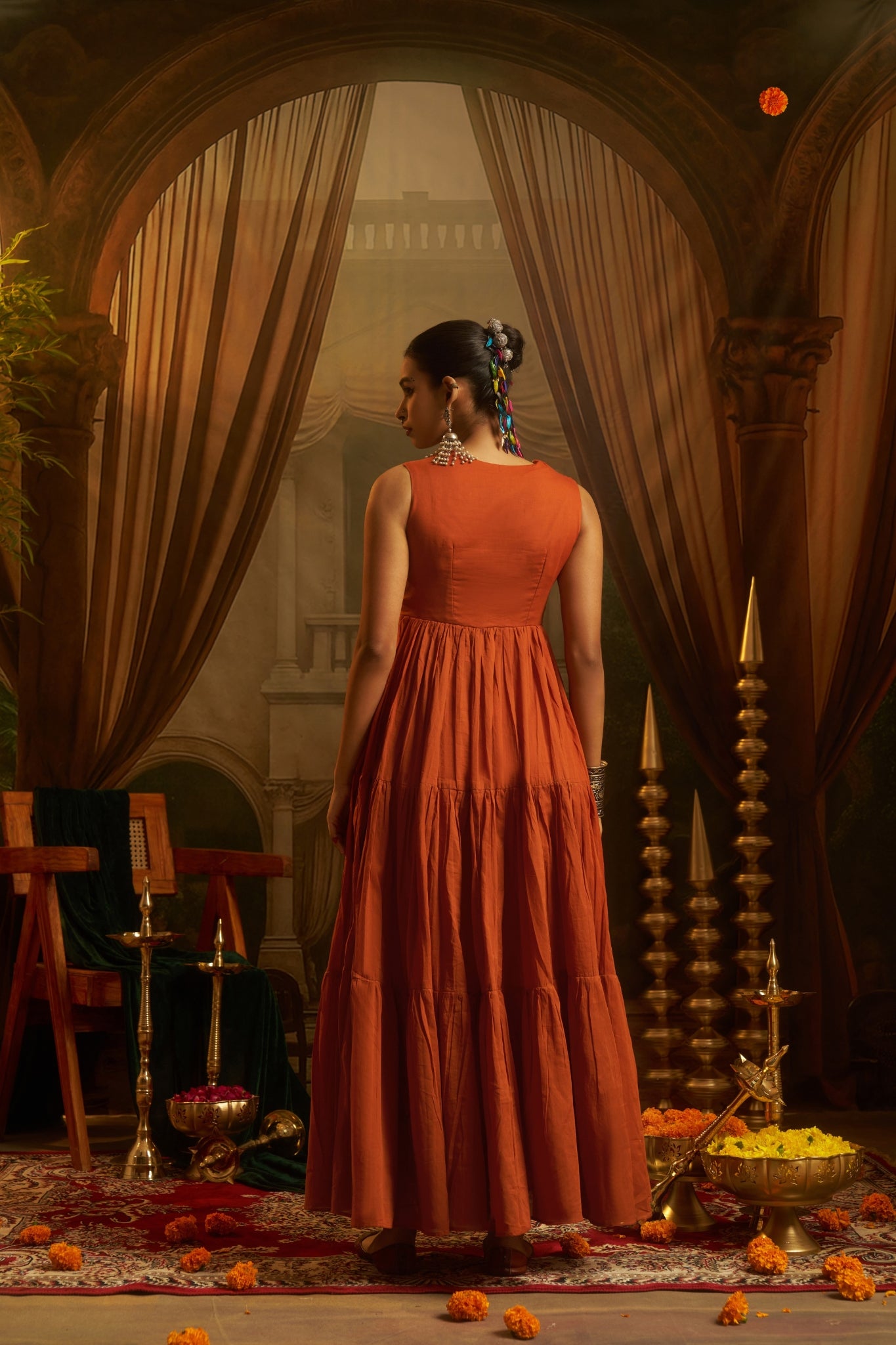 Rust Orange Tiered Anarkali Dress With Hand Embroidered Yoke & Cowrie Shell Fringe
