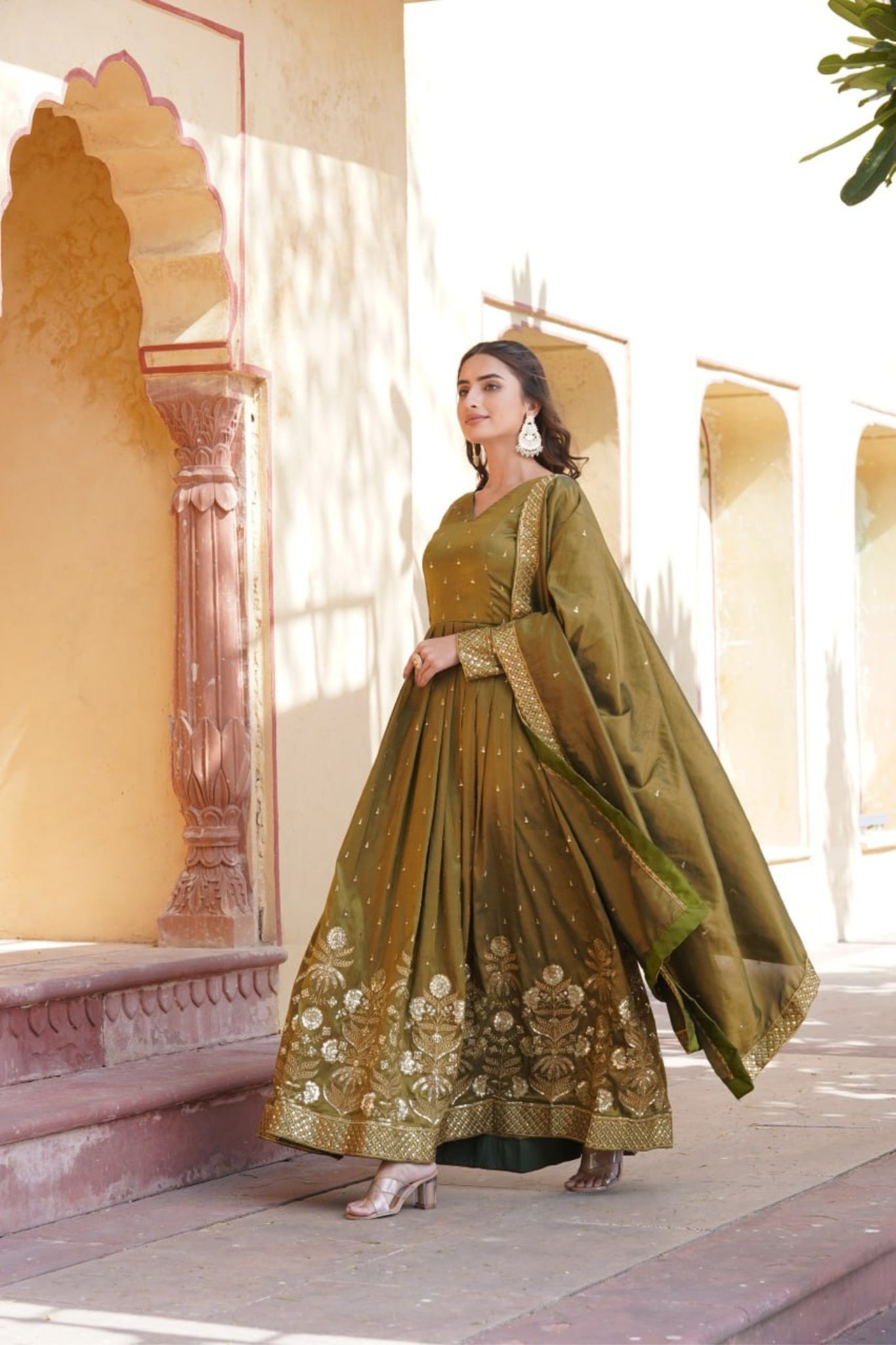 Viscose Embroidery Zari Sequins Work Gown With Dupatta Set