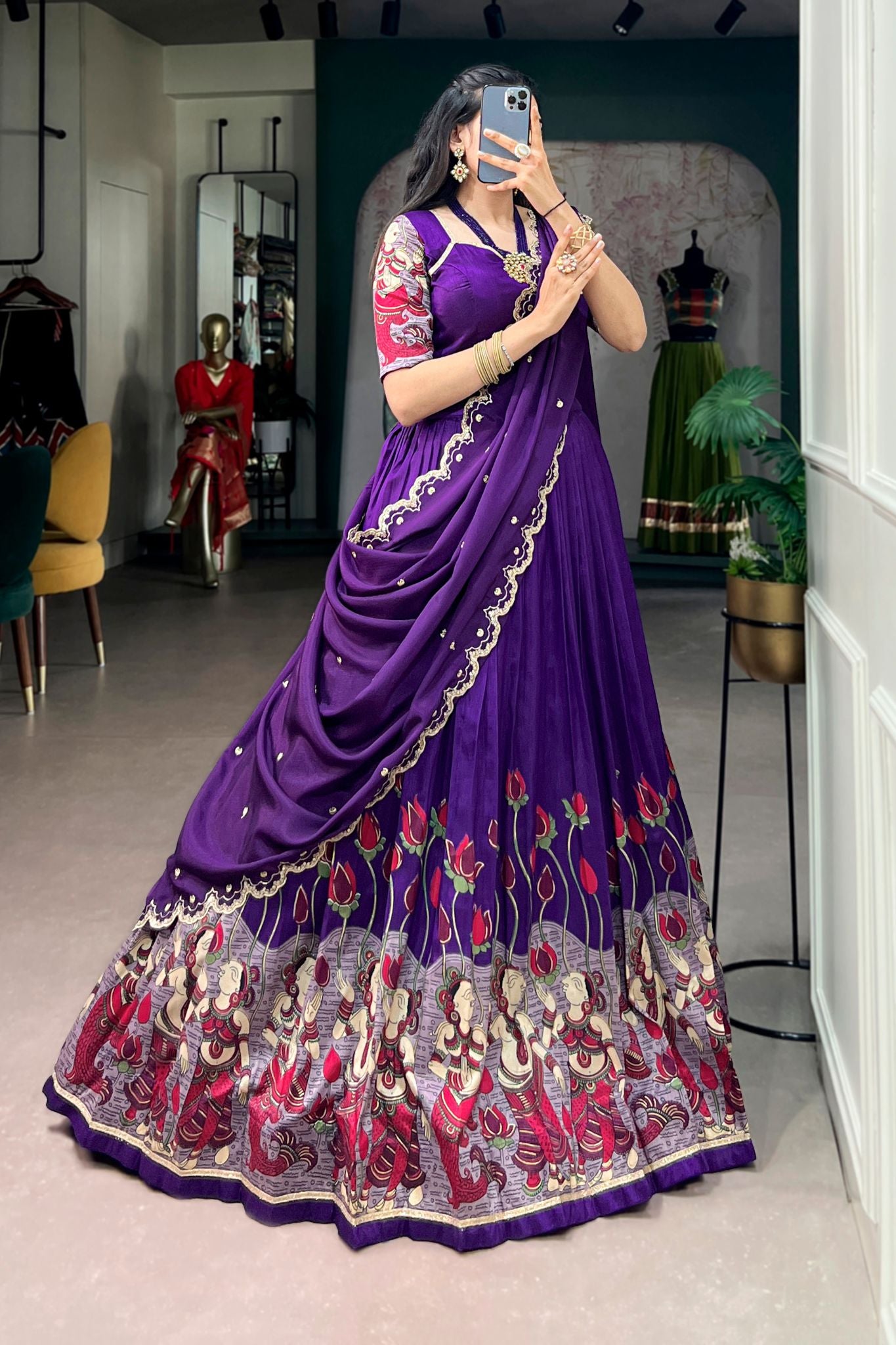 Designer Tasar Silk Kalamkari Print Wedding And Festive Lehenga Choli