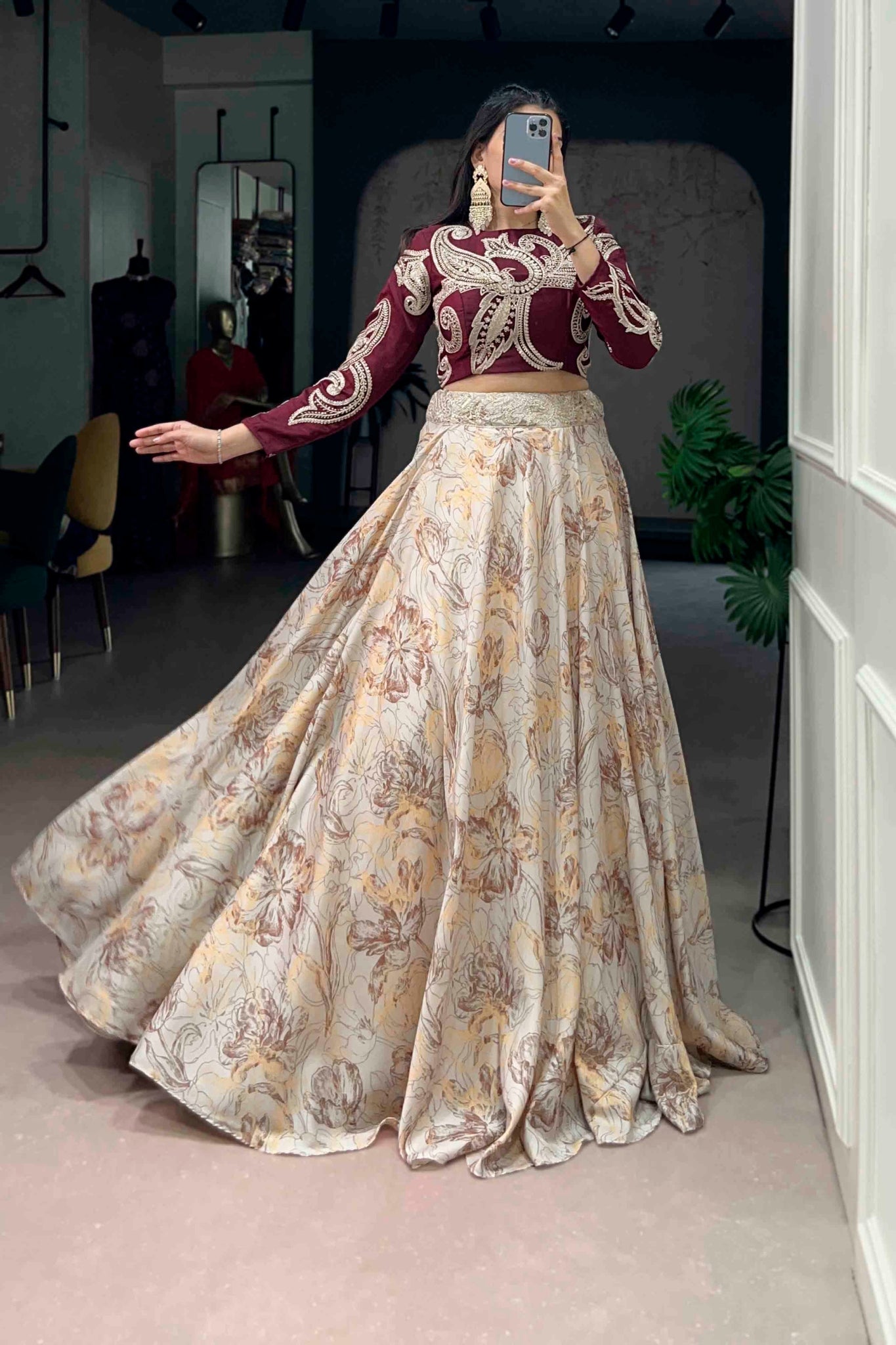 Floral Printed Tasar Silk Lehenga Choli