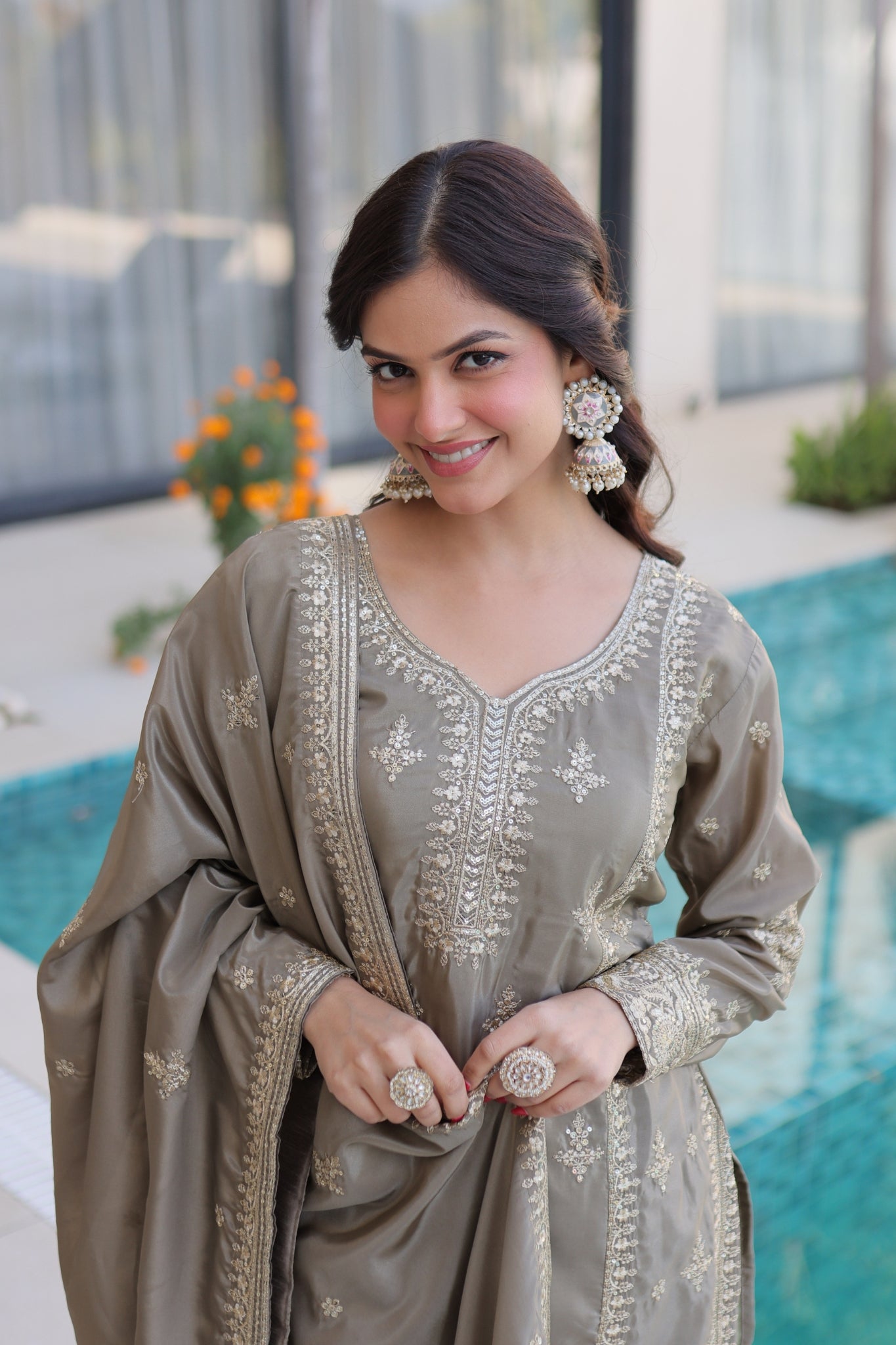 Luxury Ho Silk Designer Multi With Thread Embroidery Suit Set