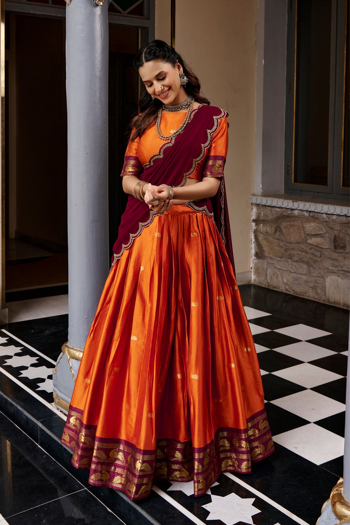 Buy South Indian Cotton Silk Lehenga Choli With Zari Woven Border