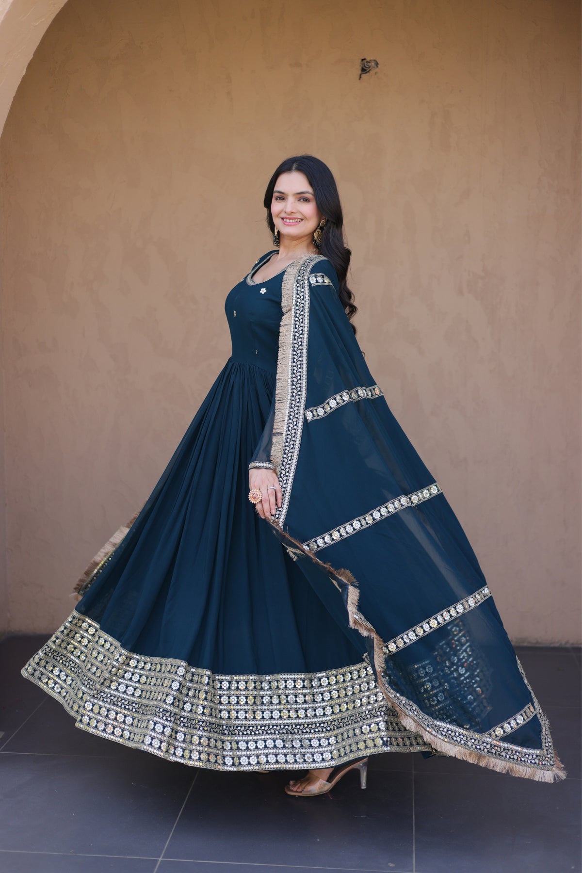 Designer Faux Blooming Anarkali Gown With Dupatta Set