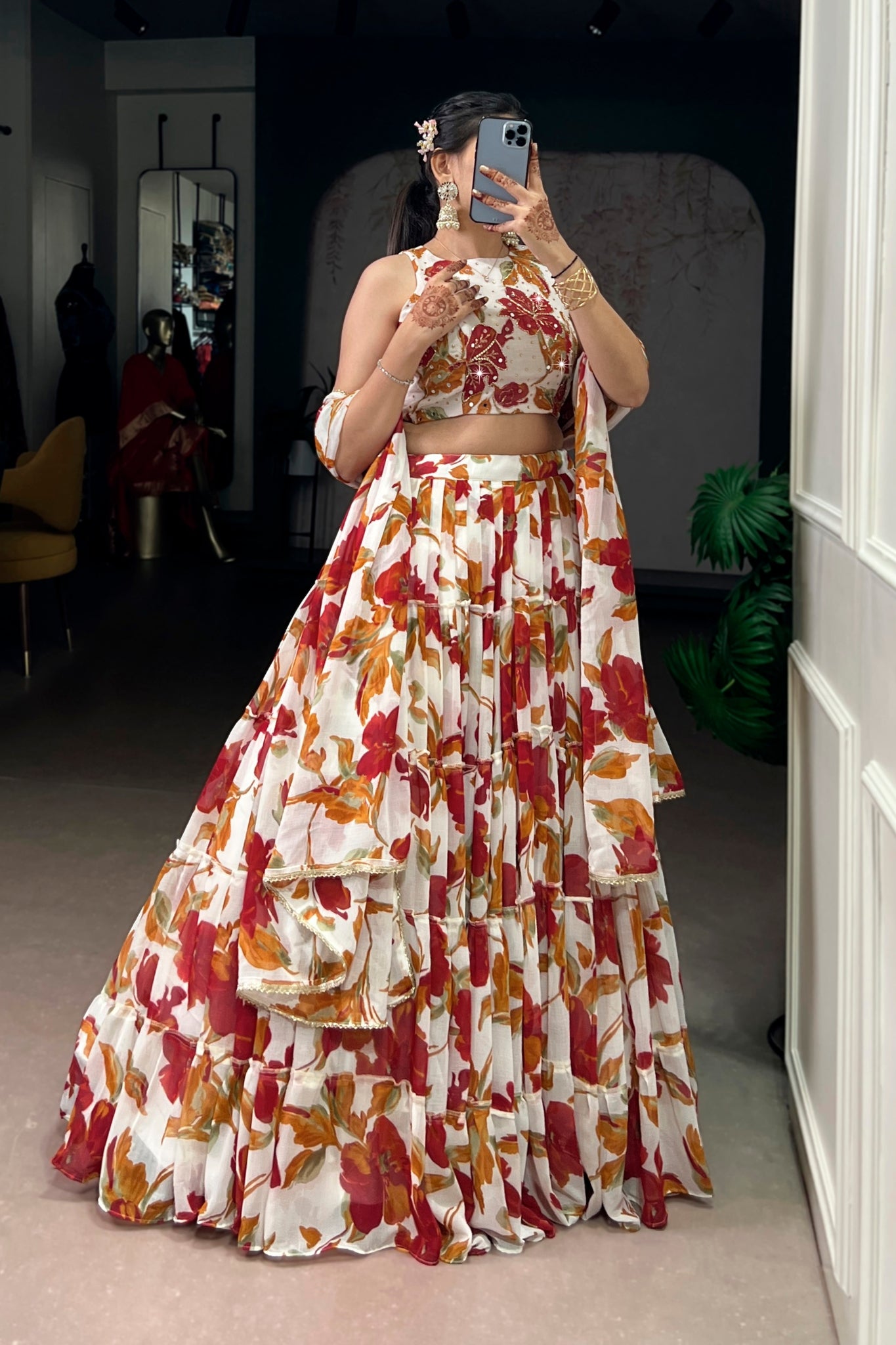 Floral Marble Print Lehenga Choli Set For Women