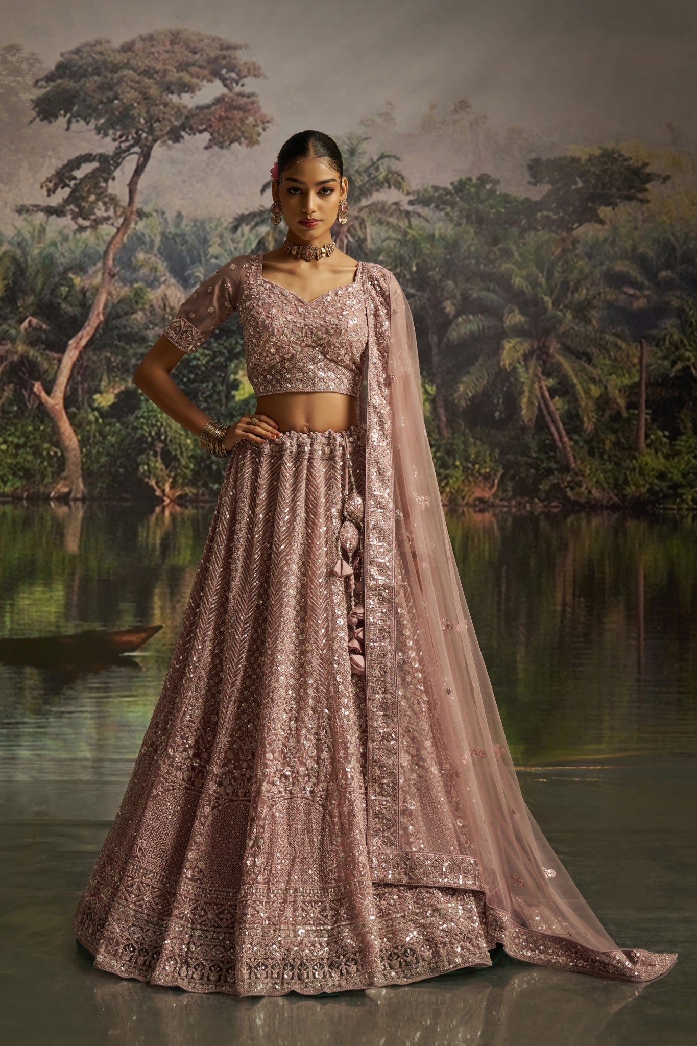 Premium Designer Mauve Heavy Handcrafted Soft Net Royal Lehenga Set