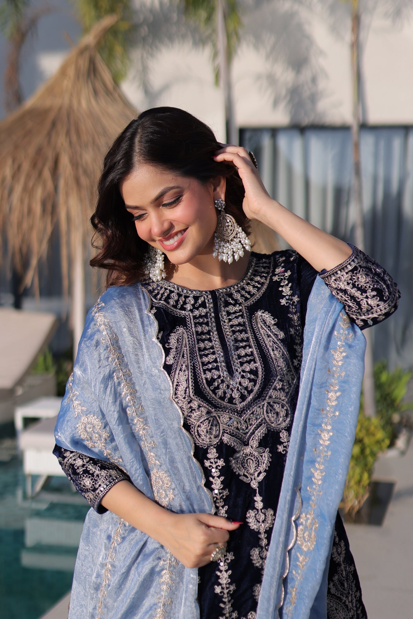 Luxury Designer Velvet Zari Embroidered Suit Set With Fendi Dupatta