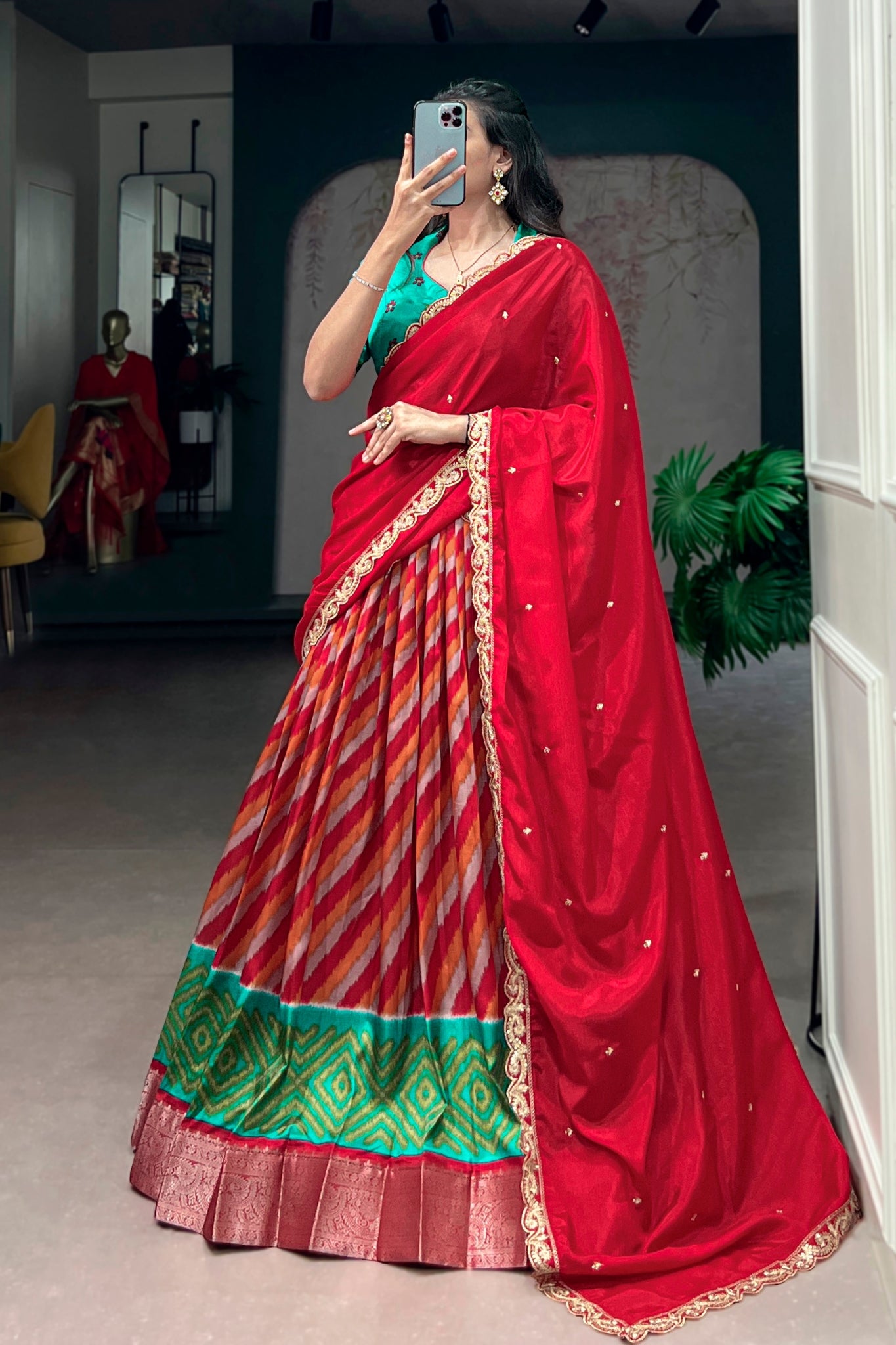 Designer Tasar Silk Leheriya Print Lehenga Choli