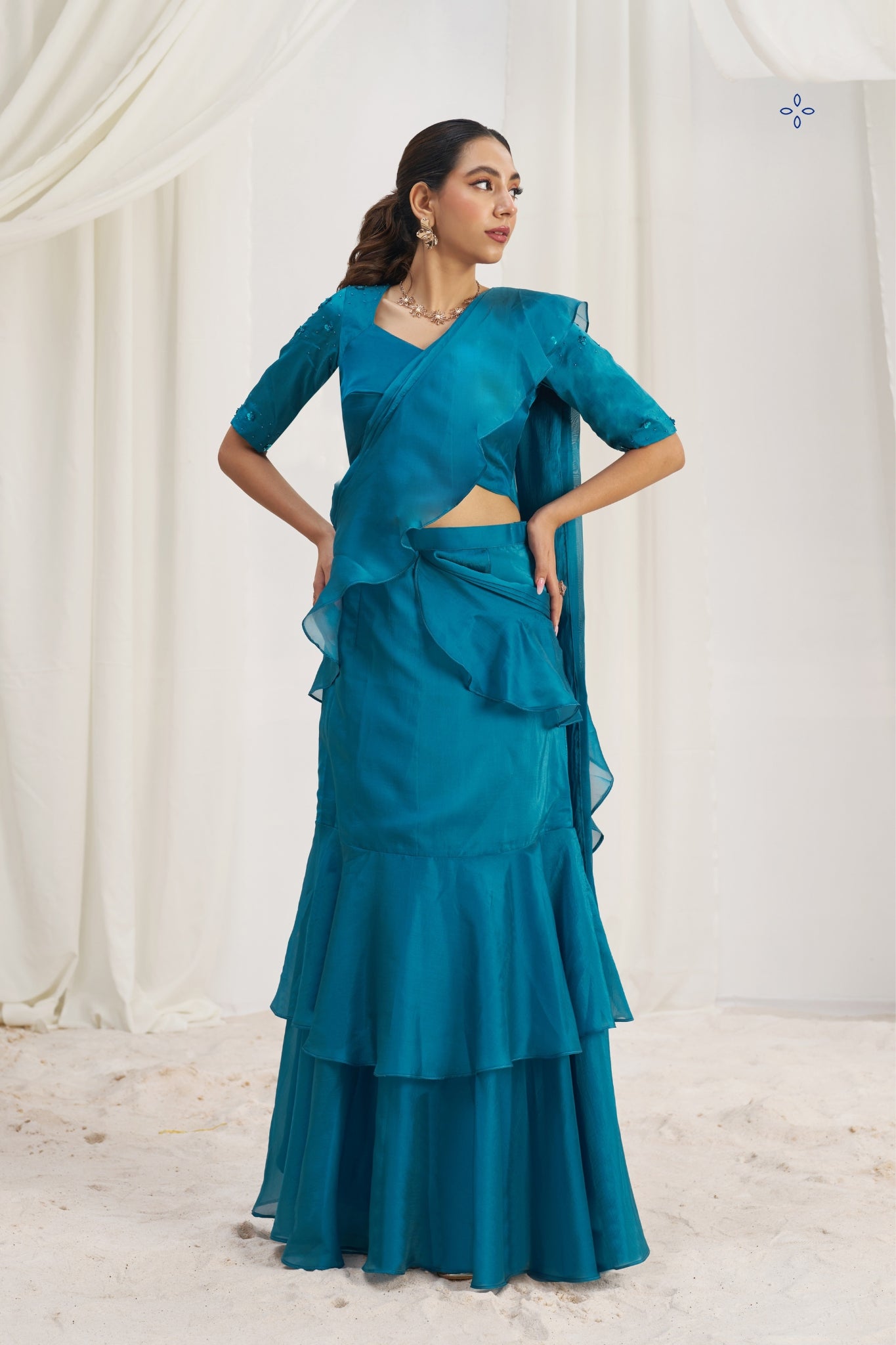 Teel Blue Organza Ruffle Saree Set