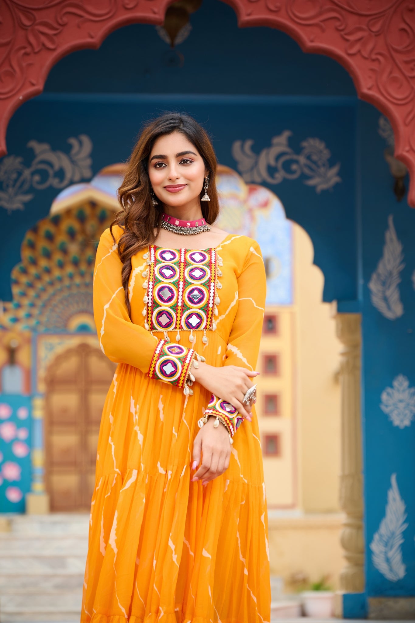 Stunning Laheriya Print With Kutchi Patch Work Georgette Stylish Navratri Gown