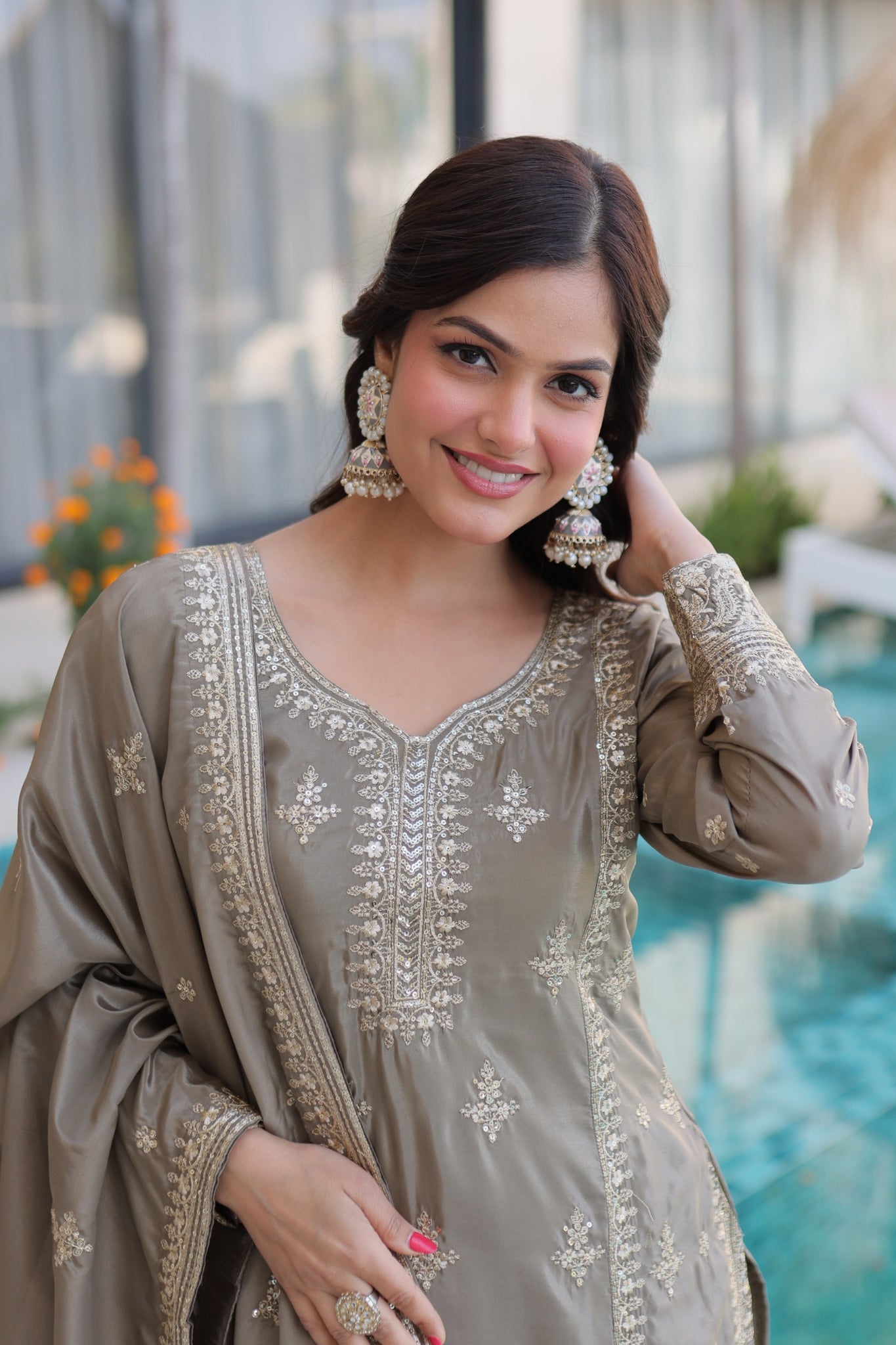 Luxury Ho Silk Designer Multi With Thread Embroidery Suit Set