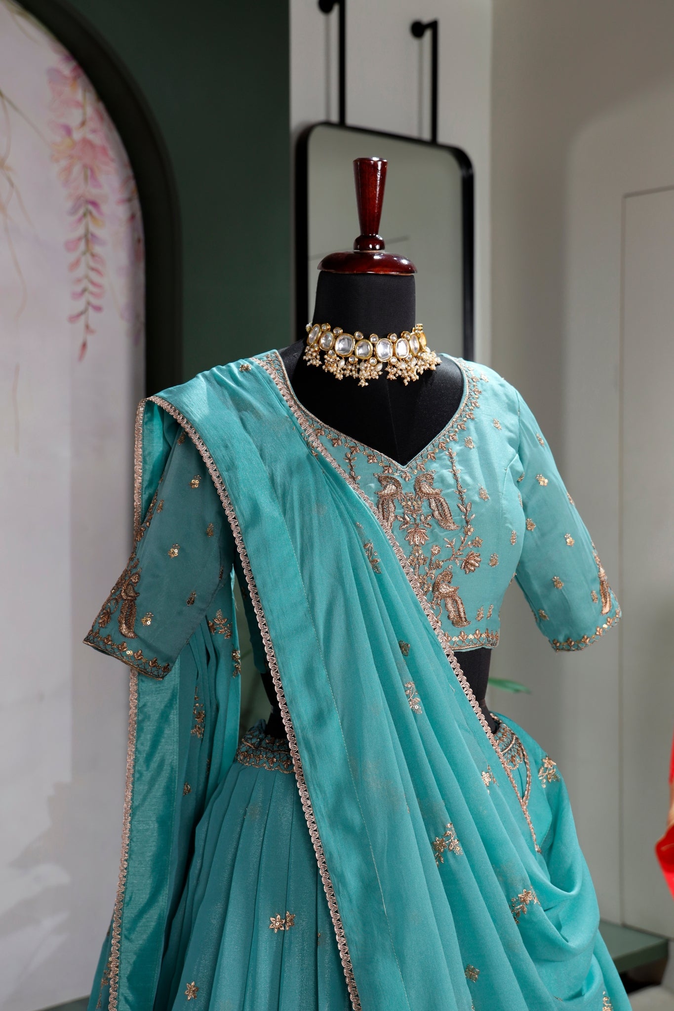 Premium Sky Blue Star Georgette Lehenga Choli Set For Women