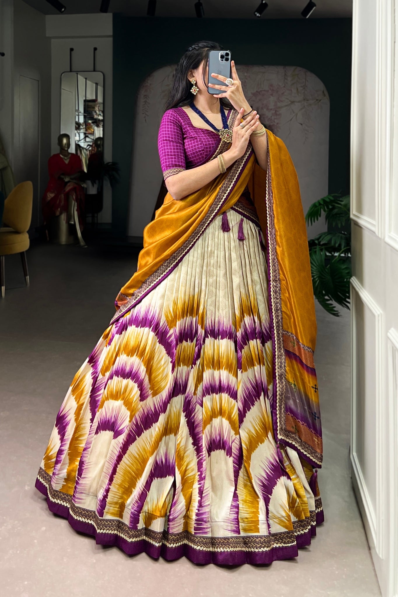 Tasar Silk Tie Dye Lehenga Set With Printed Dupatta And Chex Blouse