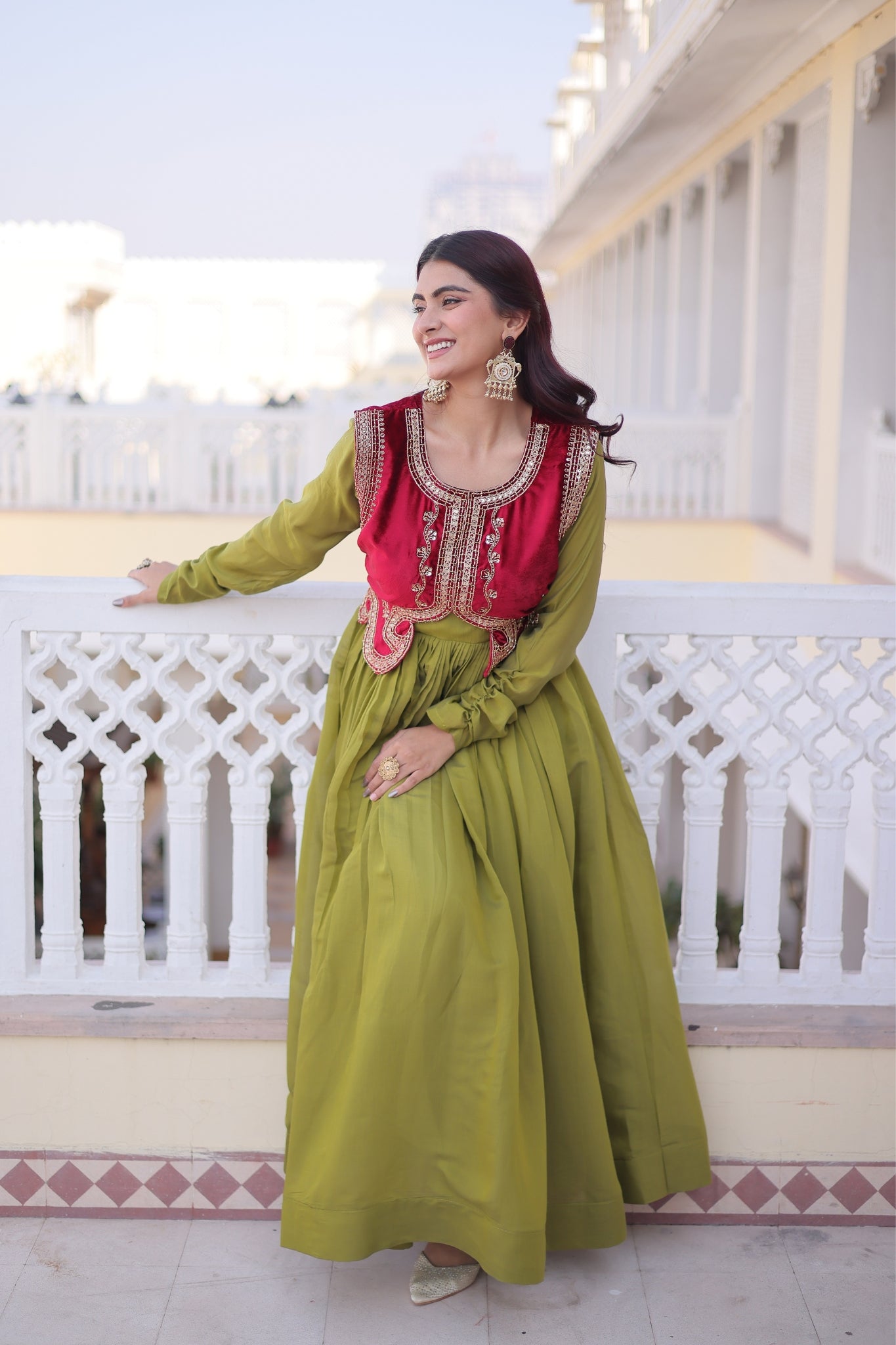 Mal Chanderi Anarkali Gown With Velvet Koti For Women