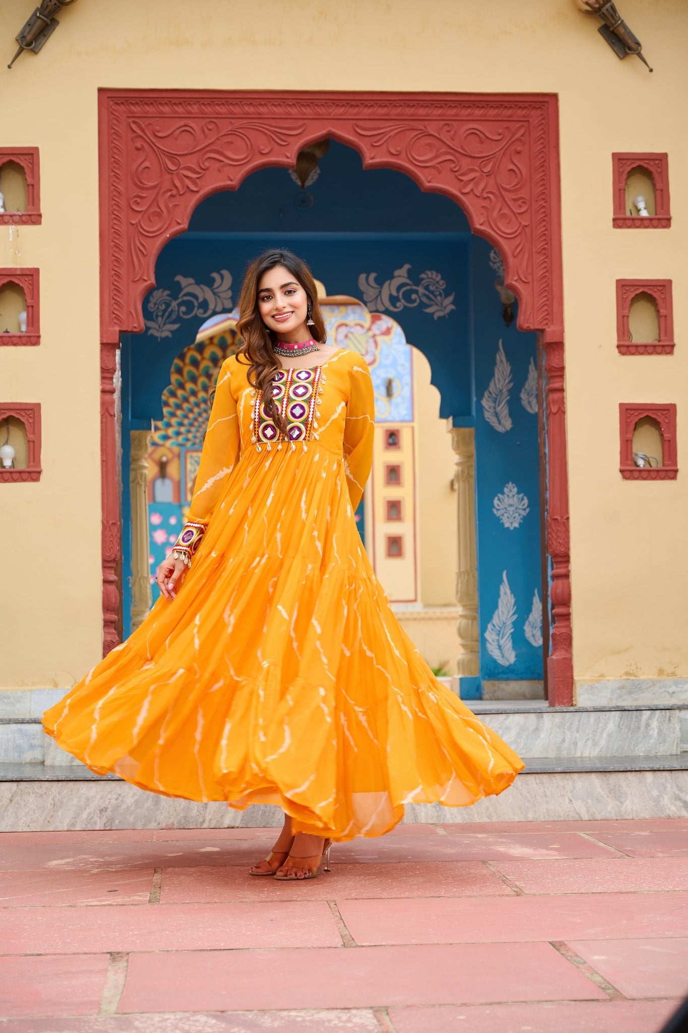 Stunning Laheriya Print With Kutchi Patch Work Georgette Stylish Navratri Gown