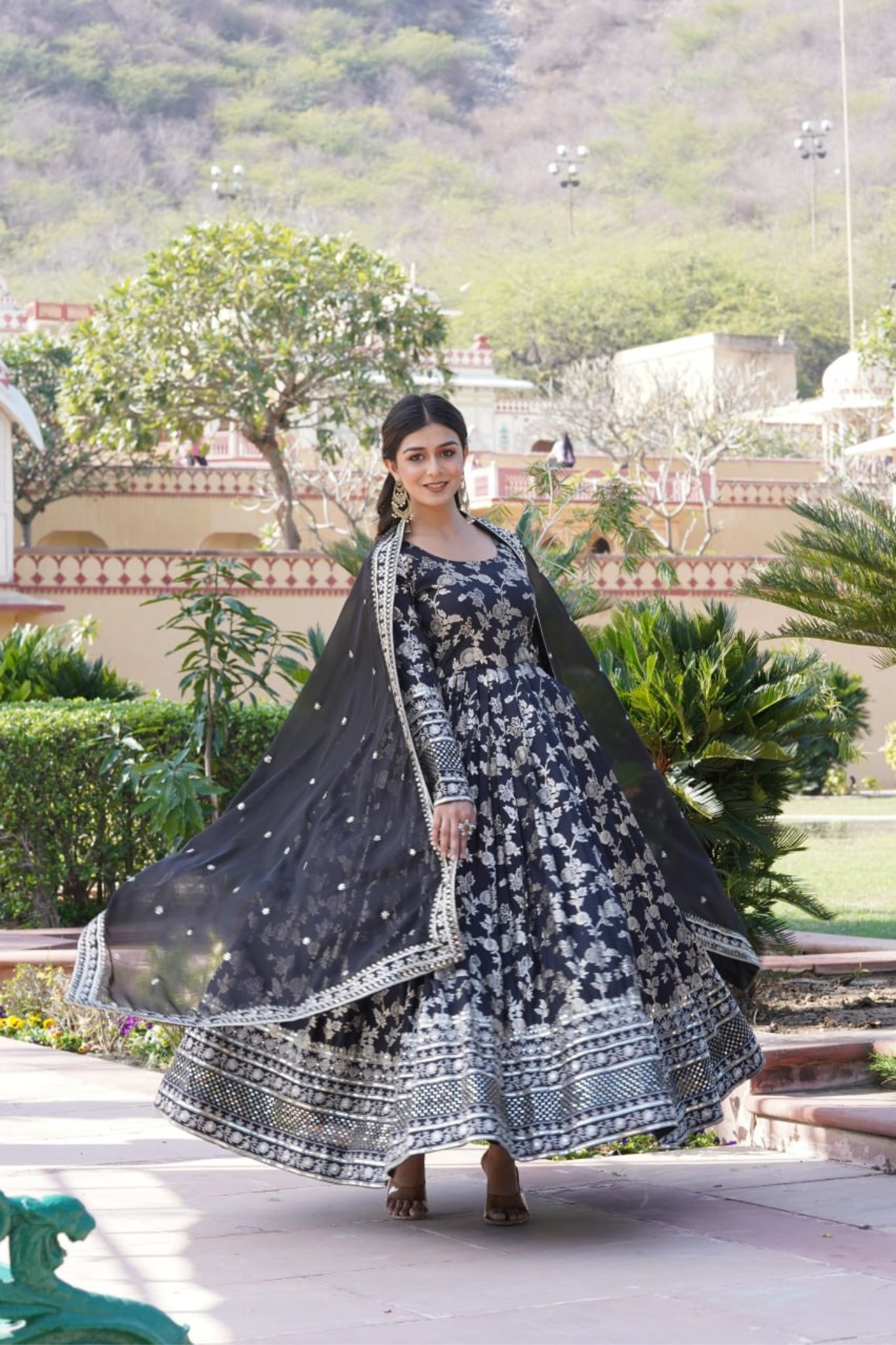 Jacquard With Sequins Embroidered Work Gown & Dupatta Set