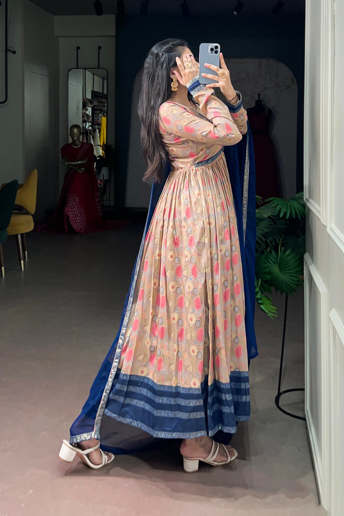 Tasar Silk Floral Print Anarkali Dress with Foil Work & Georgette Lace Border Dupatta