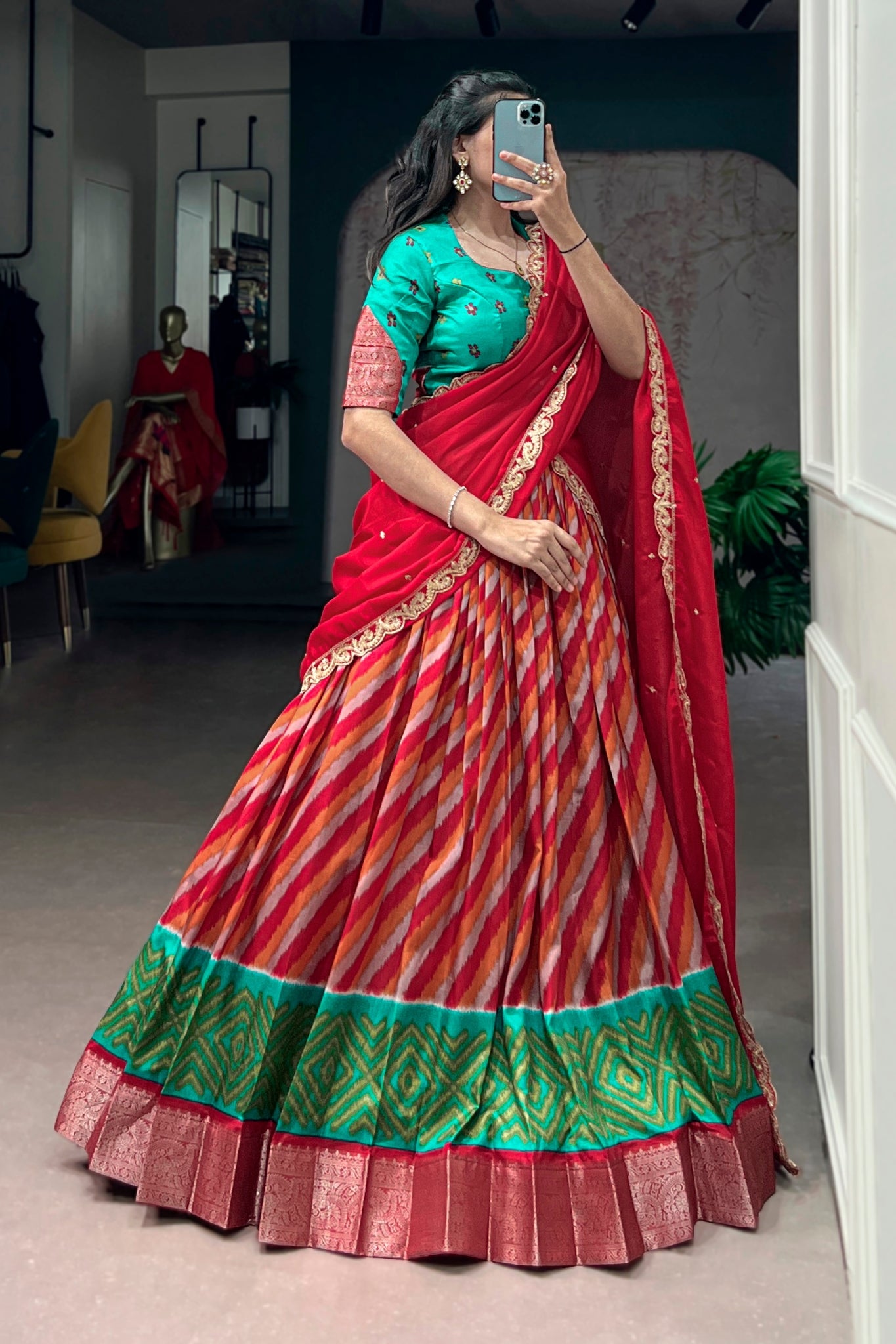 Designer Tasar Silk Leheriya Print Lehenga Choli