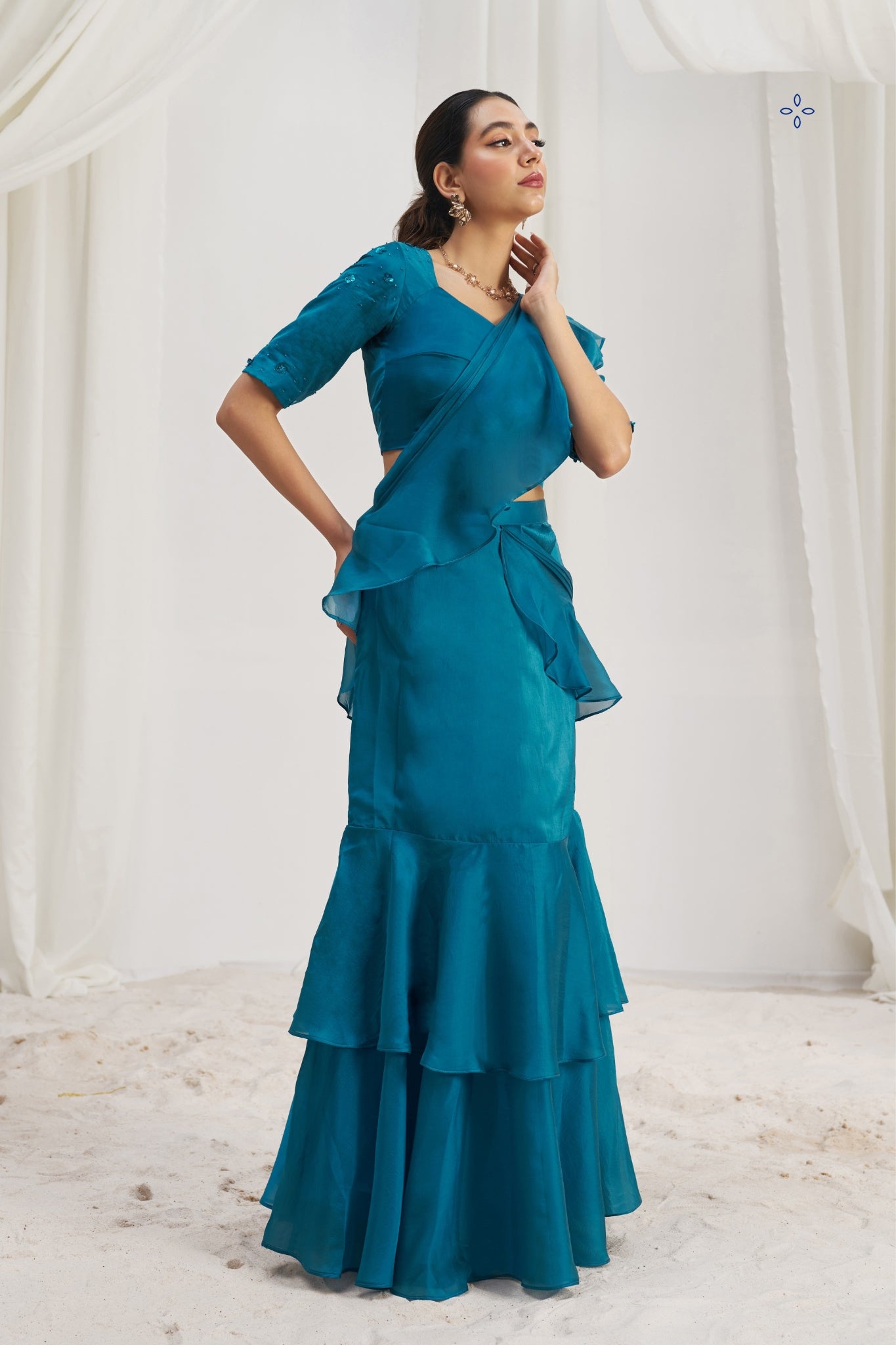 Teel Blue Organza Ruffle Saree Set