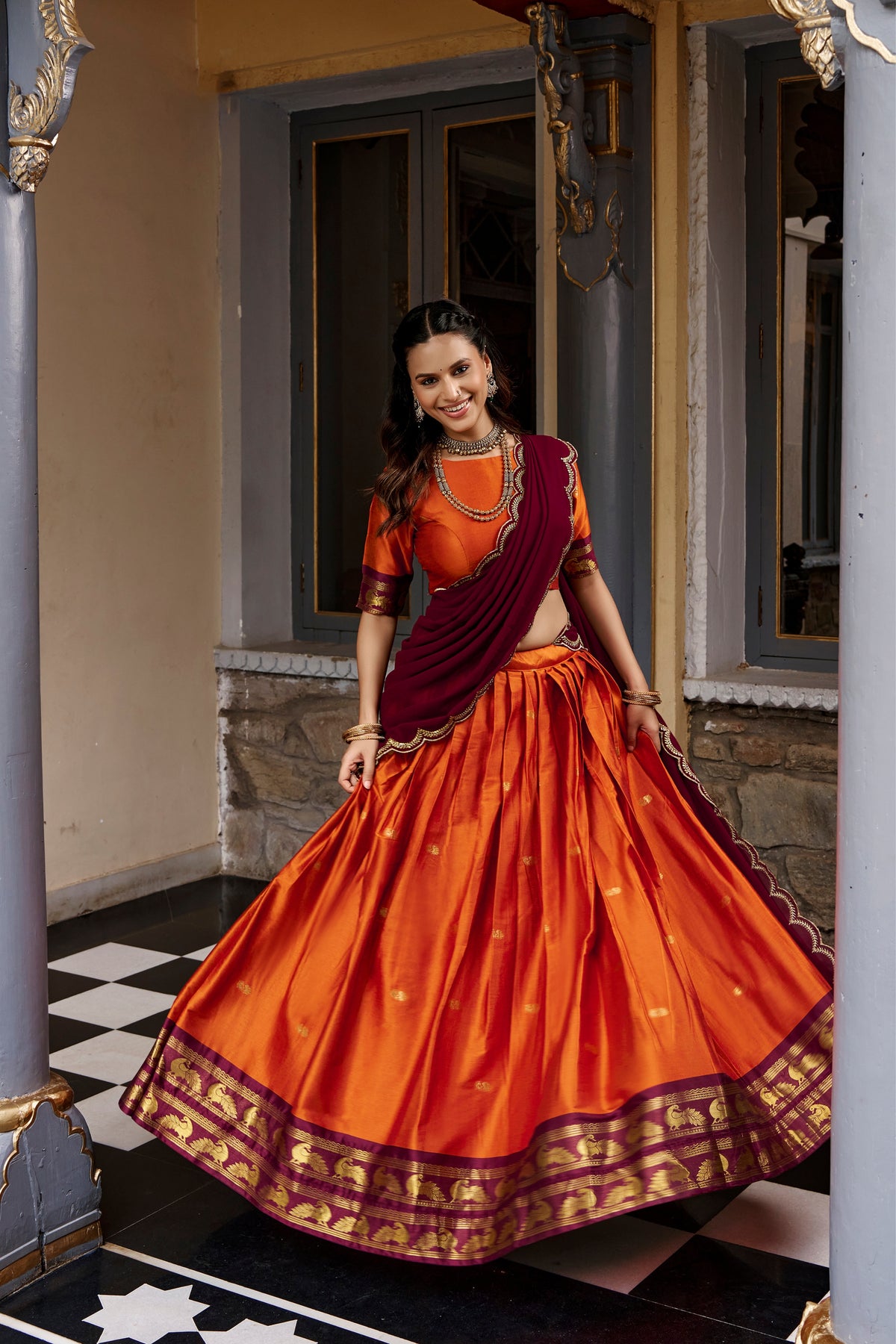 Buy South Indian Cotton Silk Lehenga Choli With Zari Woven Border