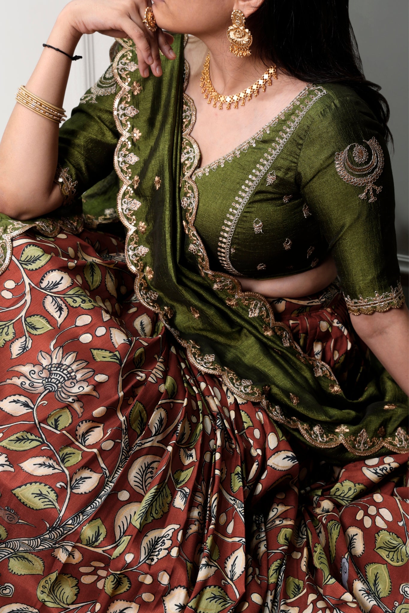 Premium Kalamkari Tasar Silk Lehenga Choli With Embroidered Dupatta