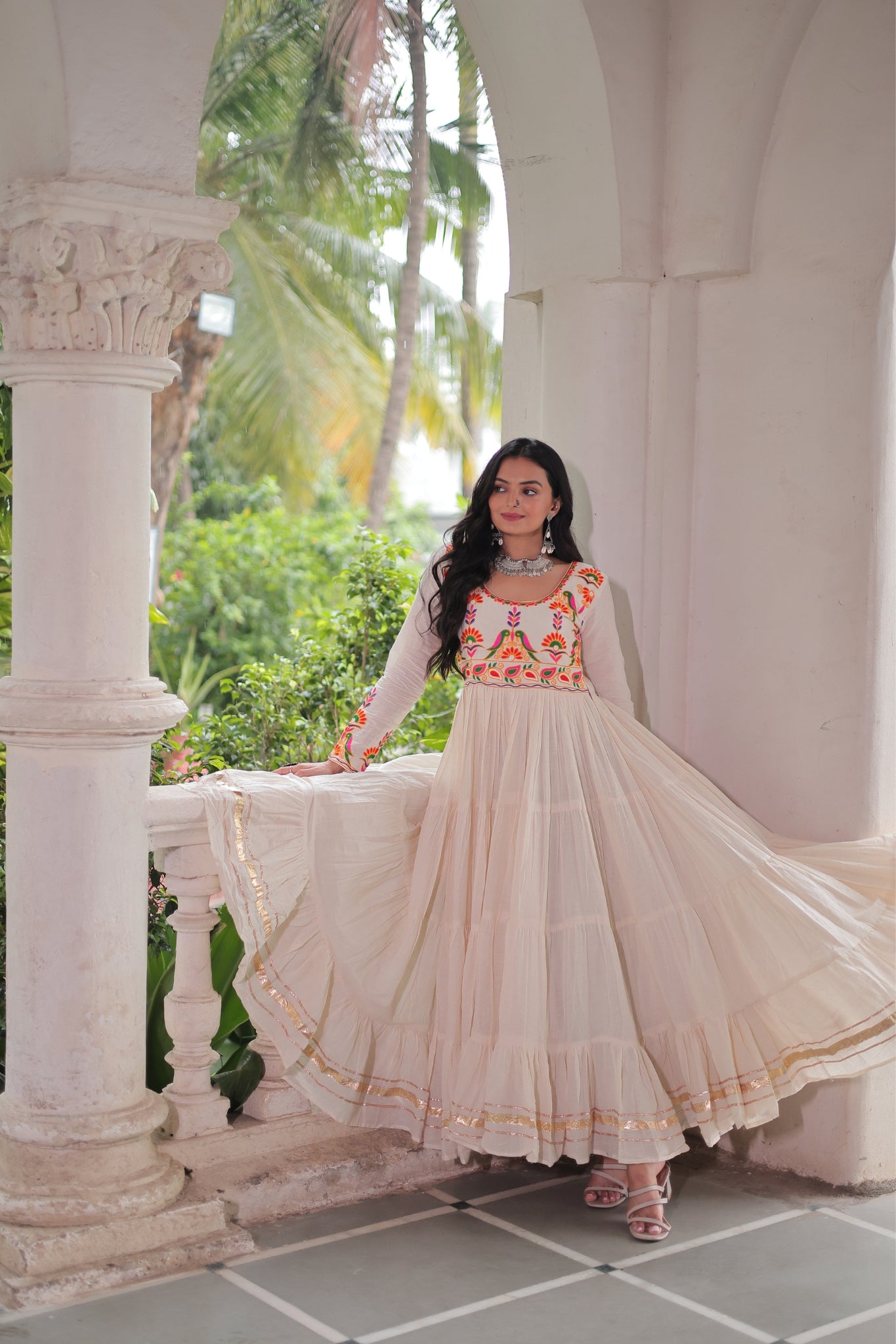Off White Navratri Designer Multi Thread Embroidered With Gota Patti Work Cotton Gown