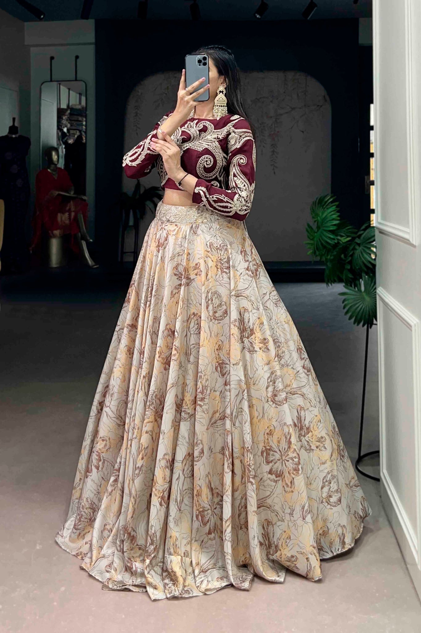 Floral Printed Tasar Silk Lehenga Choli