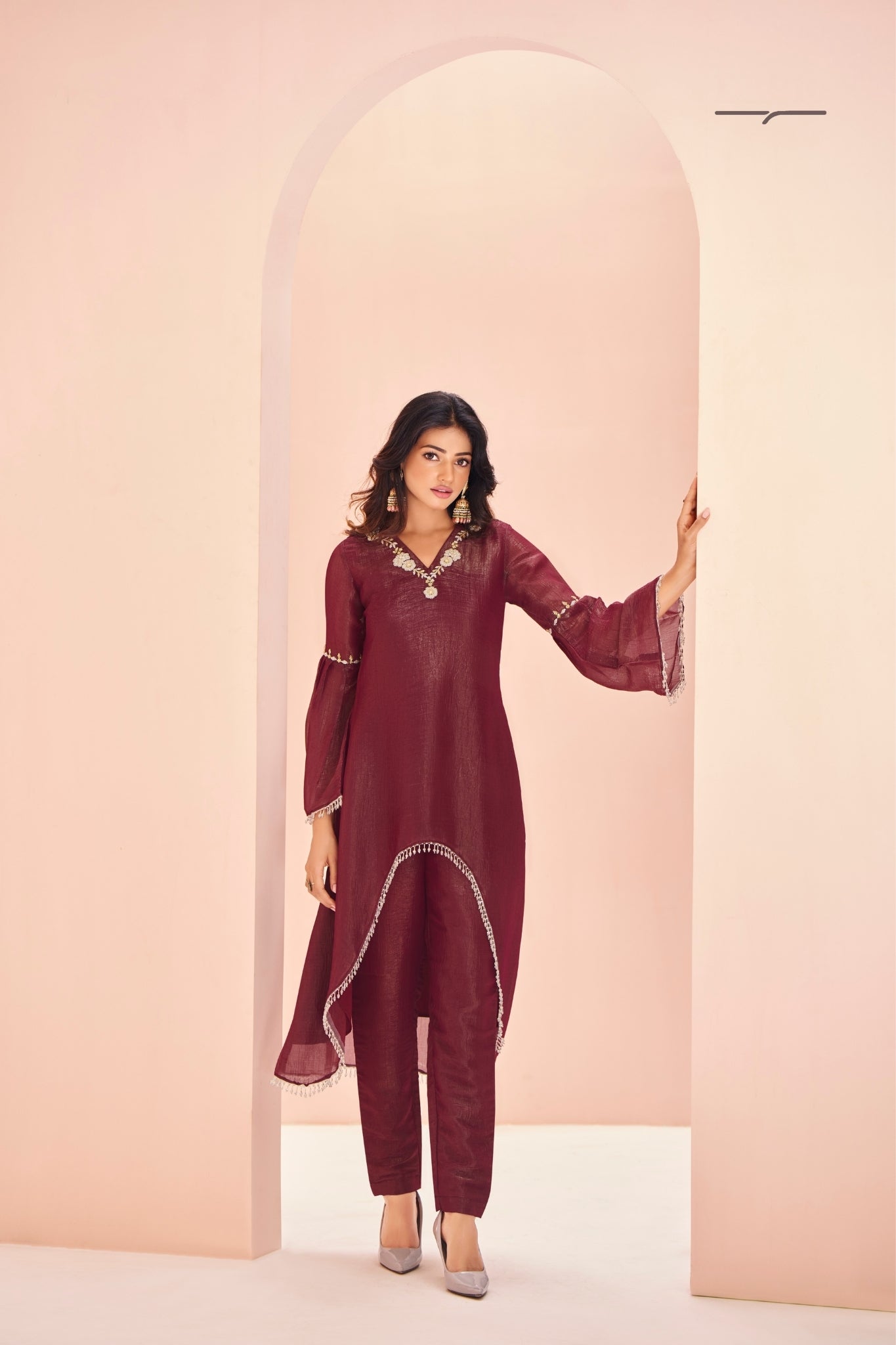 Maroon Majesty Hand Embroidered Organza Co Ord Set