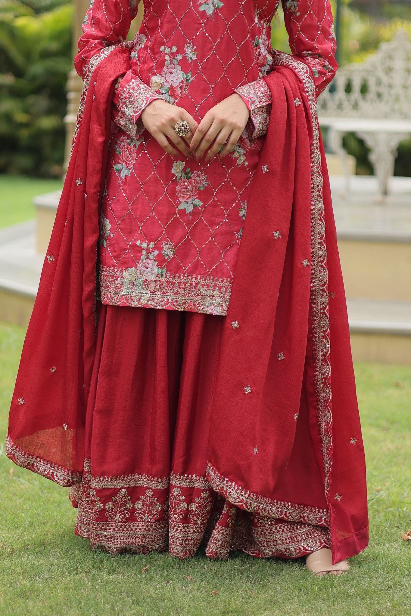 Designer Chinnon Printed  With Embroidered Work Sharara Set